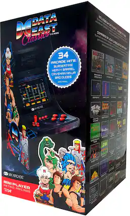 **Front:**
- DC DATA EAST Classics
- G-MODE
- 34 Arcade Hits:
- BURGERTIME
- HEAVY BARREL
- CAVE MAN
- BAD DUDES
- and more...
- My Arcade
- MINI PLAYER RETRO ARCADE
- 14"
**Side:**
- INCLUDES 34 DATA EAST CLASSIC TITLES
- My Arcade is a collectible gaming device. We have gathered 34 classic arcade games from the Data East library.
- COMPRENDS 34 JEUX CLASSIQUES DE DATA EAST
- My Arcade est un appareil de jeu collectible. Nous avons rassemblé 34 jeux classiques de la bibliothèque Data East.
**List of Games:**
- BAD DUDES
- BURGERTIME
- HEAVY BARREL
- CAVE MAN
- SIDE POCKET
- KARATE CHAMP
- HEAVY ARMS
- BLOODY WOLF
- JOE & MAC RETURNS
- DESERT RESCUE
- SUPER TENNIS
- PRO TENNIS
- PRO TENNIS
- PRO TEN