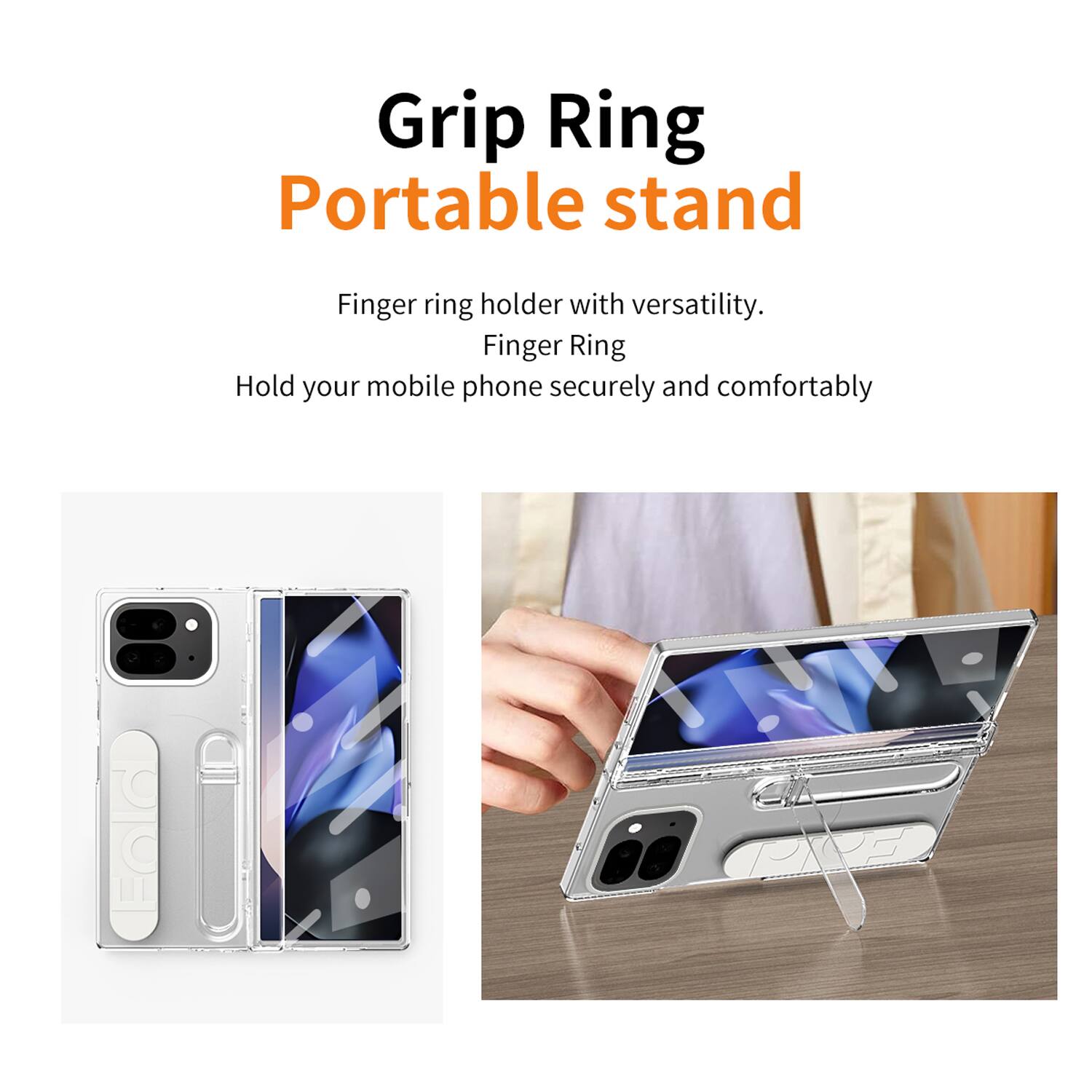 Grip Ring Portable Stand

Finger ring holder with versatility.  
Finger Ring  
Hold your mobile phone securely and comfortably