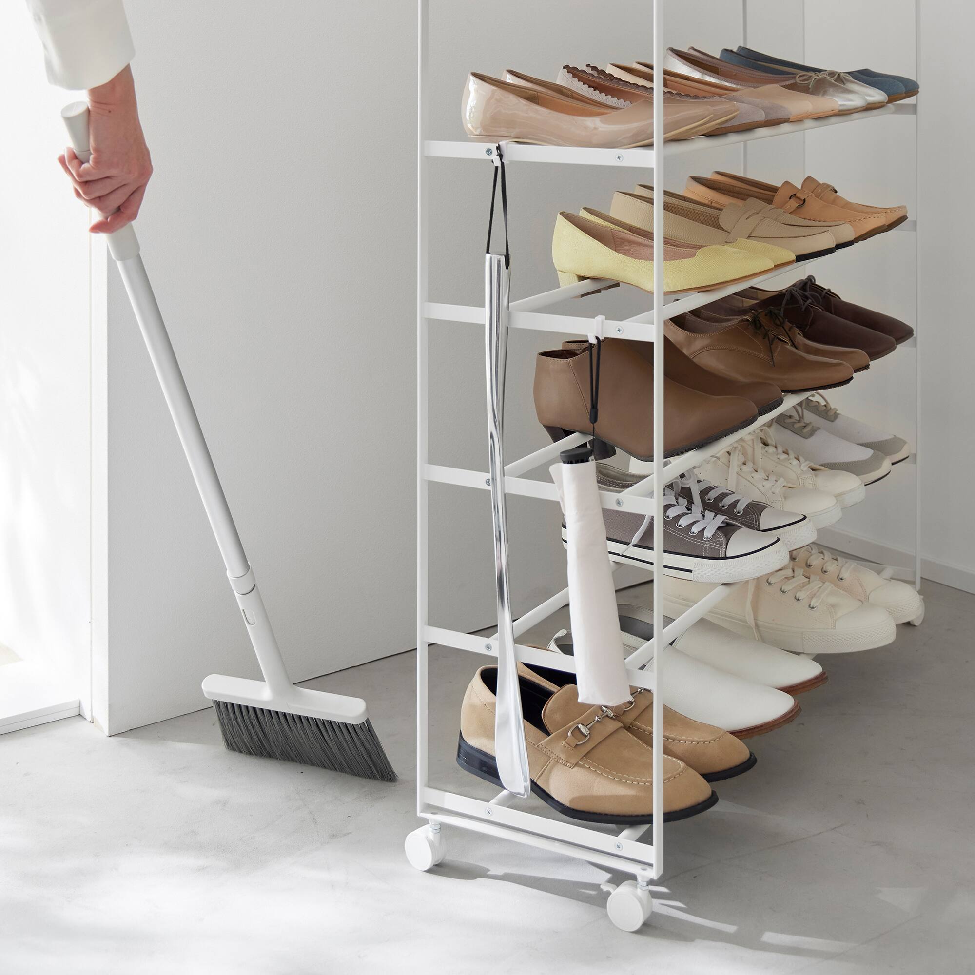 Alt View 2. Yamazaki Home - Rolling Five-Tier Shoe Rack (34.25" H)  - Steel + Wood - White.