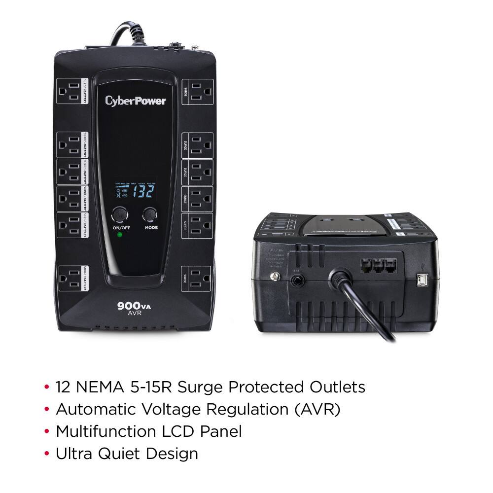 CyberPower SUNE HELIN-220 SURGE-BATTERY:  
- 132 ON/OFF MODE  
- 3000VA  
- 900VA AVR  
- 12 NEMA 5-15R Surge Protected Outlets  
- Automatic Voltage Regulation (AVR)  
- Multifunction LCD Panel  
- Ultra Quiet Design