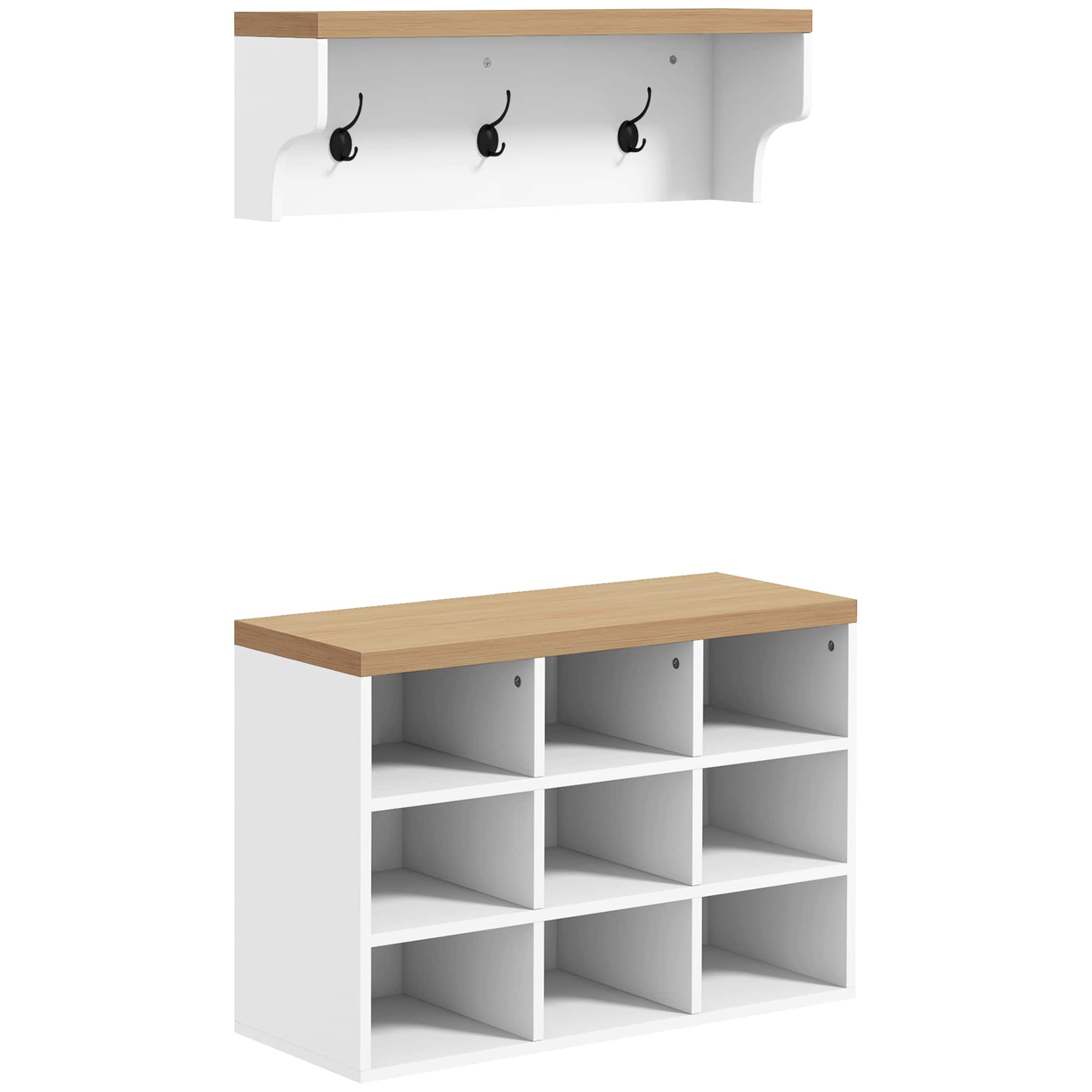 Homcom - Coat Rack Shoe Bench Set, 5-Hook Hall Tree with Bench and Shoe Storage for 9 Pairs of Shoes for Entryway - White and Oak