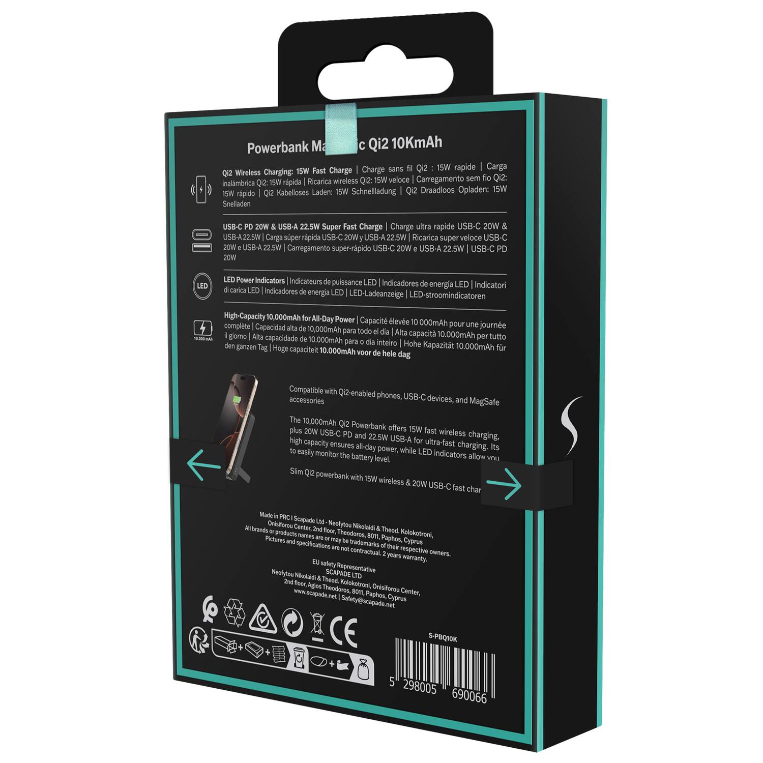 Powerbank Max Qi2 10KmAh

- Q2 Wireless Charging: 15W Fast Charge
- 15W rapide | 15W rapido | 15W Schnellladen | 15W dipido | 15W veloce | 15W veloce | 15W Carregamento sem fio Qi2: 15W
- USB-C PD 20W & USB-A 22.5W Super Fast Charge
- Charge ultra rapide USB-C 20W USB-A 22.5W | Carga super rapida USB-C 20W USB-A | Carregamento super-rapido USB-C 20W USB-A | USB-C Power Indicators
- LED Power Indicators | Indicateurs de puissance LED | Indicadores de energia LED | LED-Ladeanzeige | LED-stroomindicatoren
- High-Capacity 10,000mAh for All-Day Power
- Compatible with Q2-enabled accessories, phones, USB-C devices, and MagSafe

The 10,000mAh Q2 Powerbank plus 20W USB-C PD and 2
