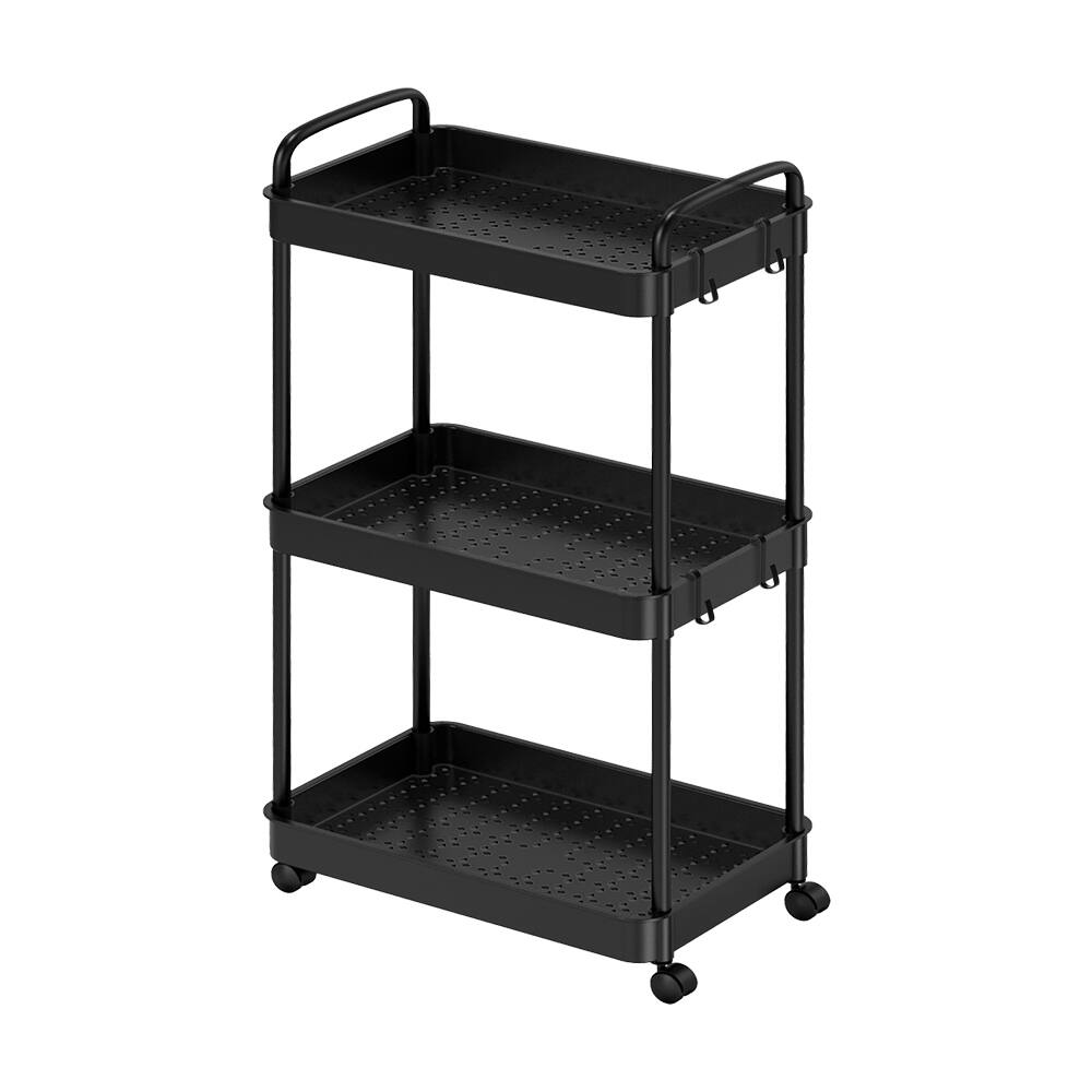 Angle. Oumilen - 3-Tier Rolling Storage Cart, Black Mobile Utility Shelving Cart with Wheels & Side Hooks for Kitchen Bathroom Office - Black.