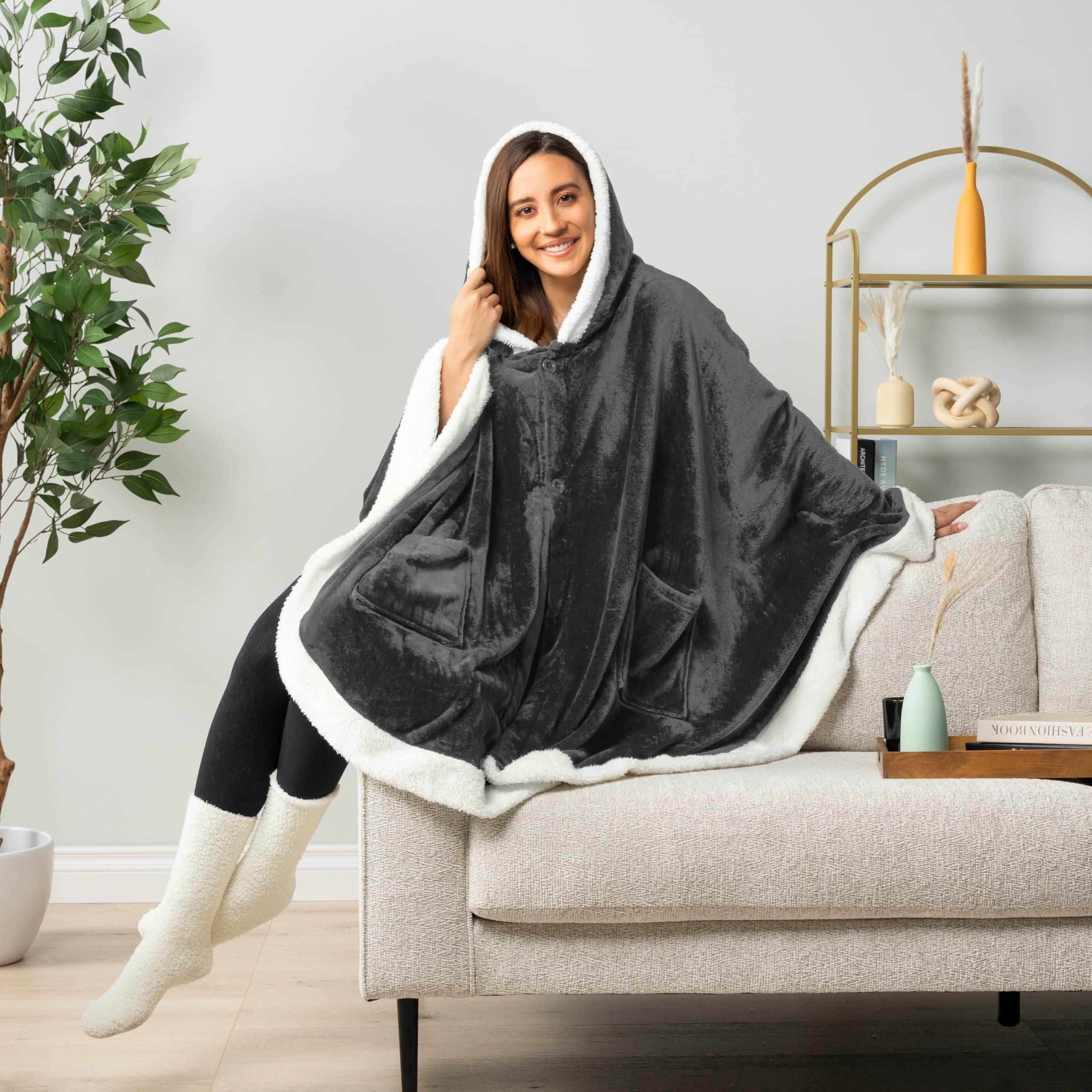 Alt View 3. Paradigms Interiors - Wearable Blanket For Adult Women Cozy Plush Fleece Poncho Cape With Hood Super Soft Shawl Angel Wrap Throw ... - Snowflake Blue-Fleece.