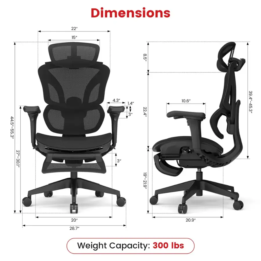 The text on the image reads: "Dimensions: 22" 15- 8.5" 44.5"-55.3" 27--30.1* 4.3" 3" 1.4" 3" 22.4" 19" 9"-21.9" 10.6" 39.4"-45.3" 20" 20.9- 28.7" Weight Capacity: 300 lbs."