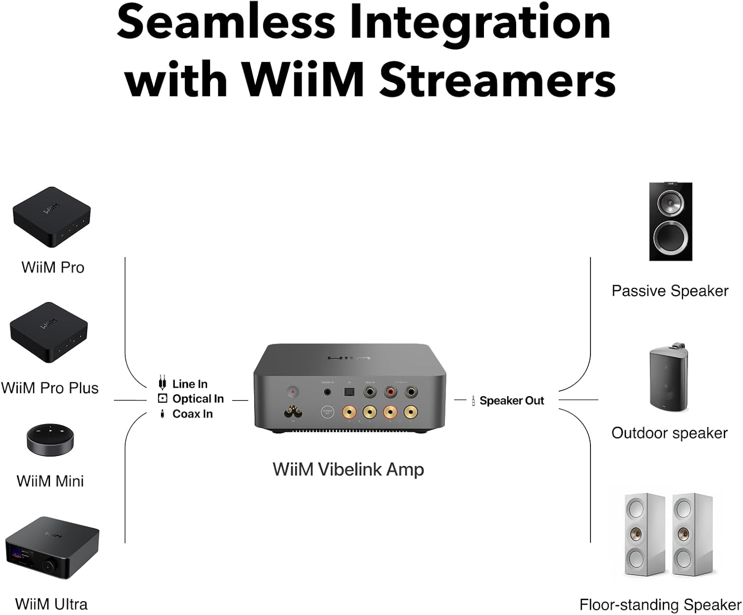 Seamless Integration with WiiM Streamers

- WiiM Pro
- WiiM Pro Plus
- WiiM Mini
- WiiM Ultra

WiiM VibelinK Amp

- Line In
- Optical In
- Coax In
- Speaker Out

- Passive Speaker
- Outdoor speaker
- Floor-standing Speaker
