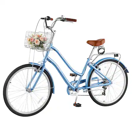 Front. VEVOR - Women Bike, 26 in Beach Cruiser Bike, 7-Speed Adult City Bicycle with Aluminum Alloy Frame, 330 lbs Capacity, Basket - Light Blue.