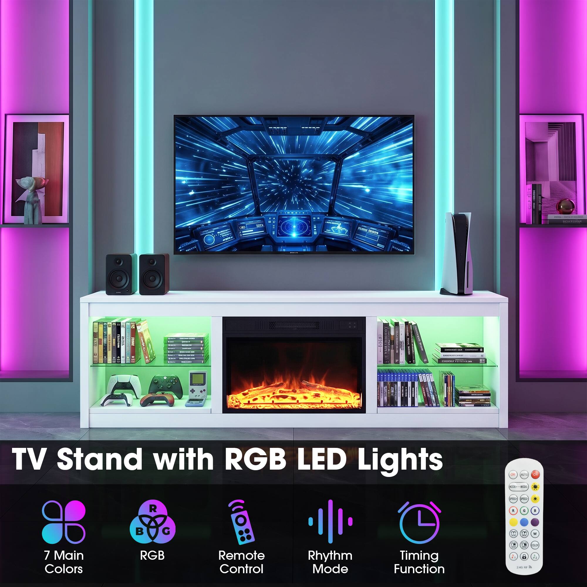 TV Stand with RGB LED Lights

7 Main Colors

RGB Remote Control

Rhythm Mode

Timing Function