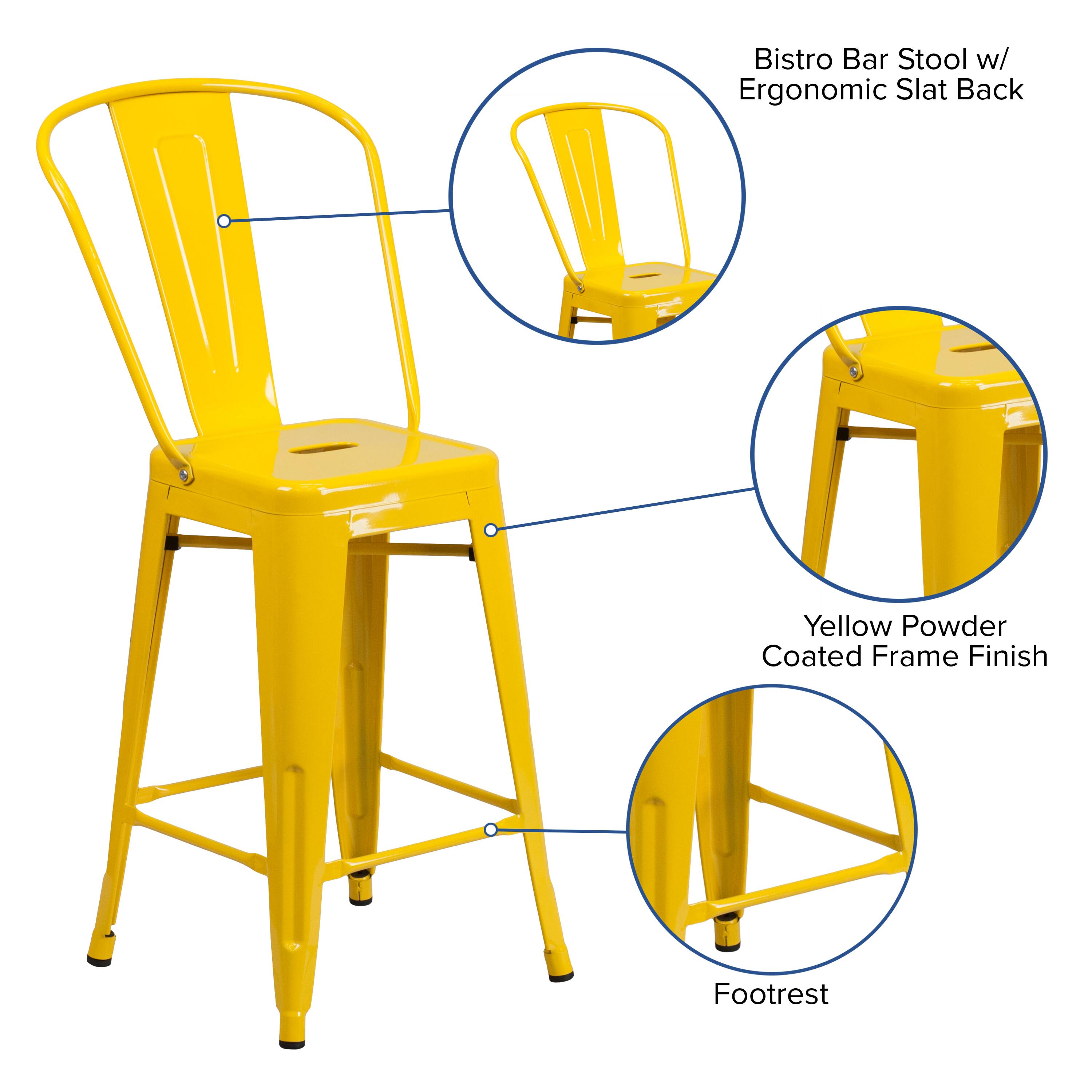 Bistro Bar Stool w/ Ergonomic Slat Back  
Yellow Powder Coated Frame Finish  
Footrest