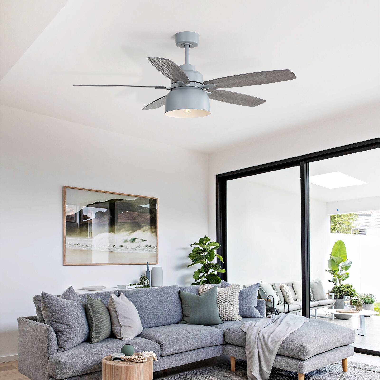 Angle. GreenEver - 52" Modern Ceiling Fan with Dual-Finish Reversible Blades, Silent DC Motor, Dimmable LED & Bubble Glass - Grey.