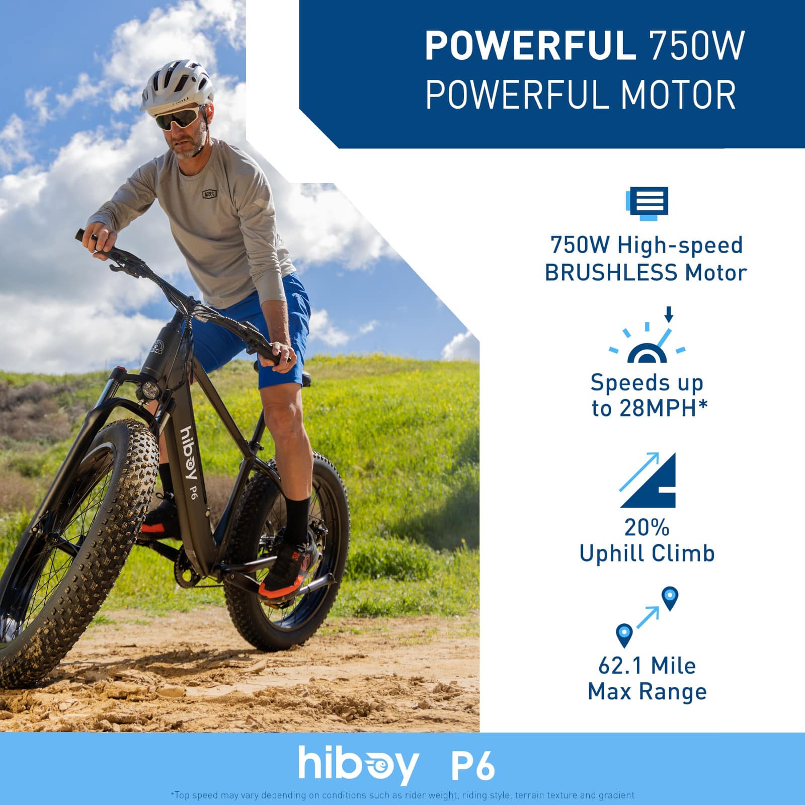 The text on the image can be grouped and corrected as follows:
POWERFUL 750W MOTOR:
* 750W High-speed BRUSHLESS Motor
* Speeds up to 28MPH
* 20% Uphill Climb
* 62.1 Mile Max Range
* hibay P6
* Top speed may vary depending on conditions such as rider weight, riding style, terrain texture, and gradient.