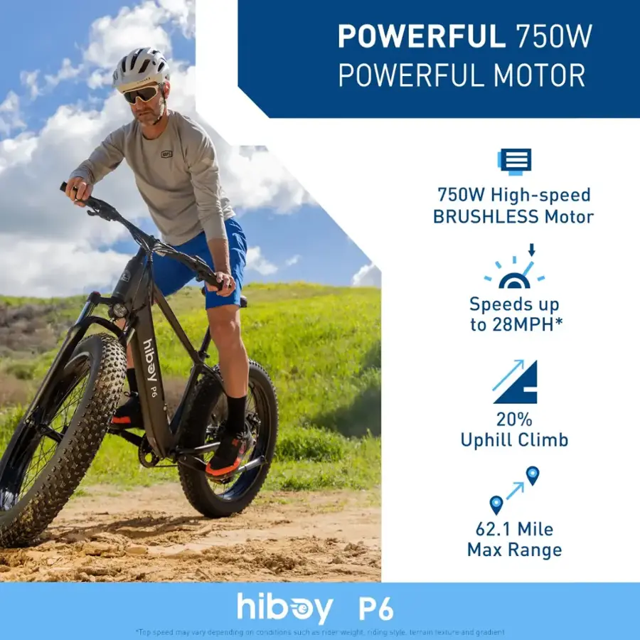 The text on the image can be grouped and corrected as follows:

POWERFUL 750W MOTOR:

* 750W High-speed BRUSHLESS Motor
* Speeds up to 28MPH
* 20% Uphill Climb
* 62.1 Mile Max Range
* hibay P6
* Top speed may vary depending on conditions such as rider weight, riding style, terrain texture, and gradient.
