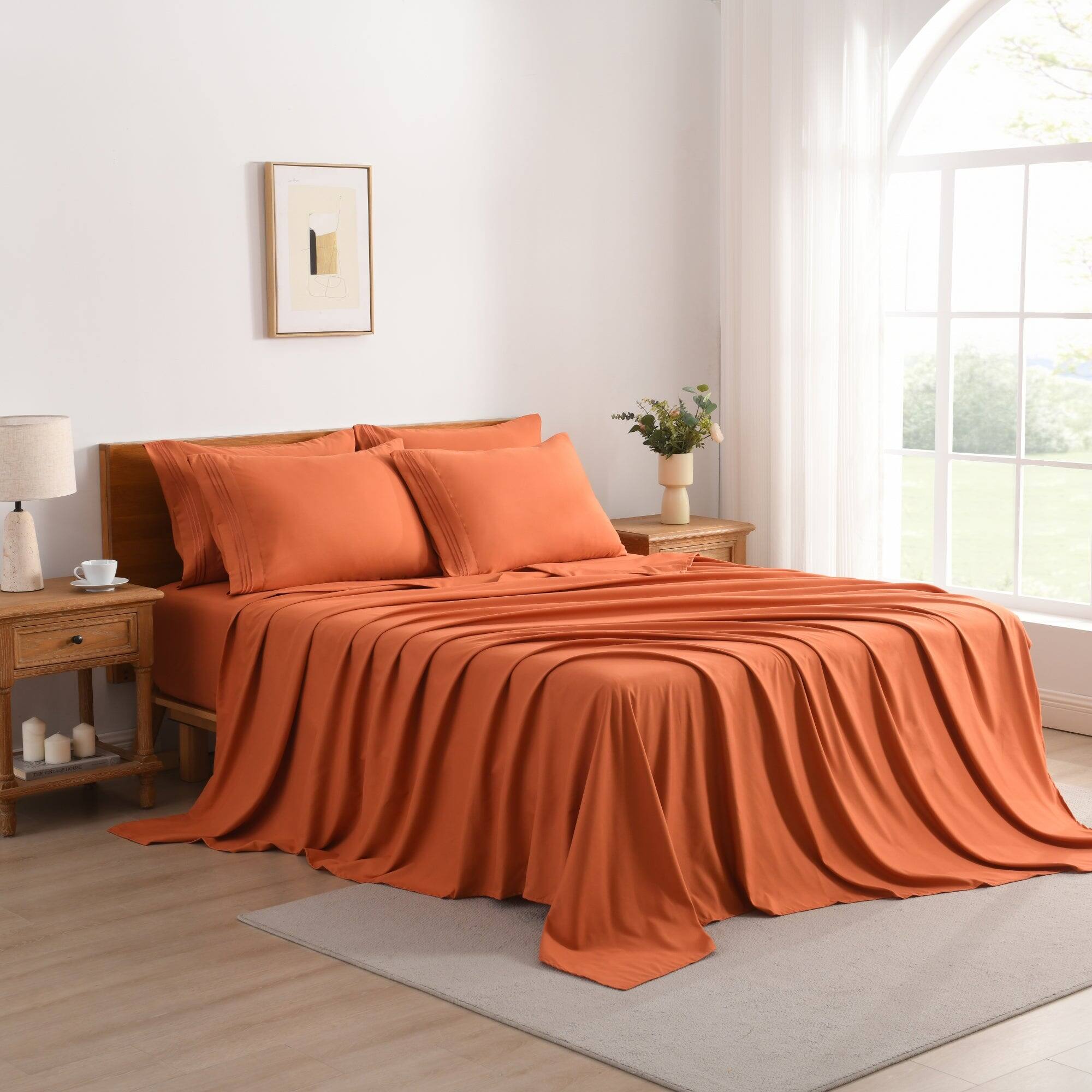 Left. MarCielo - Marcielo 4/6 Pcs Soft Solid & Embroidery Bed Sheets Set - Salmon.