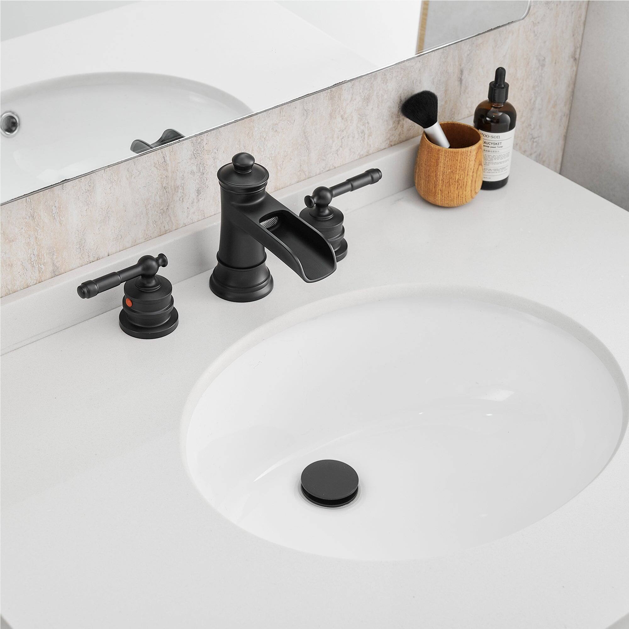 Alt View 8. Boyel Living - Classic 8 Inch Widespread Double Handle Brass Bathroom Faucet with Pop Up Drain and Water Supply Hoses in Matte Black - Matte Black.