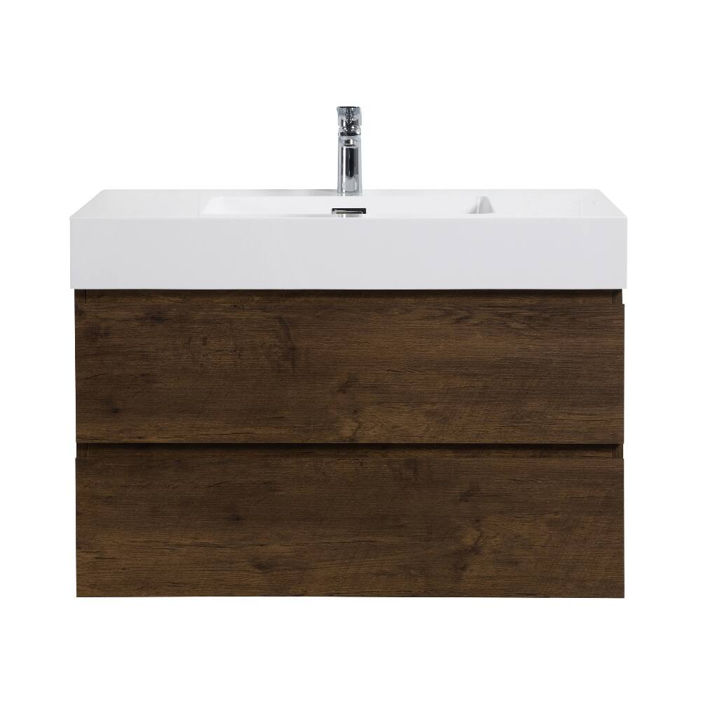 Back. Loheer - Loheer 36 inch walnut bathroom vanity wall mounted floating vanity with white sink basin pre-assembled - White+Walnut.