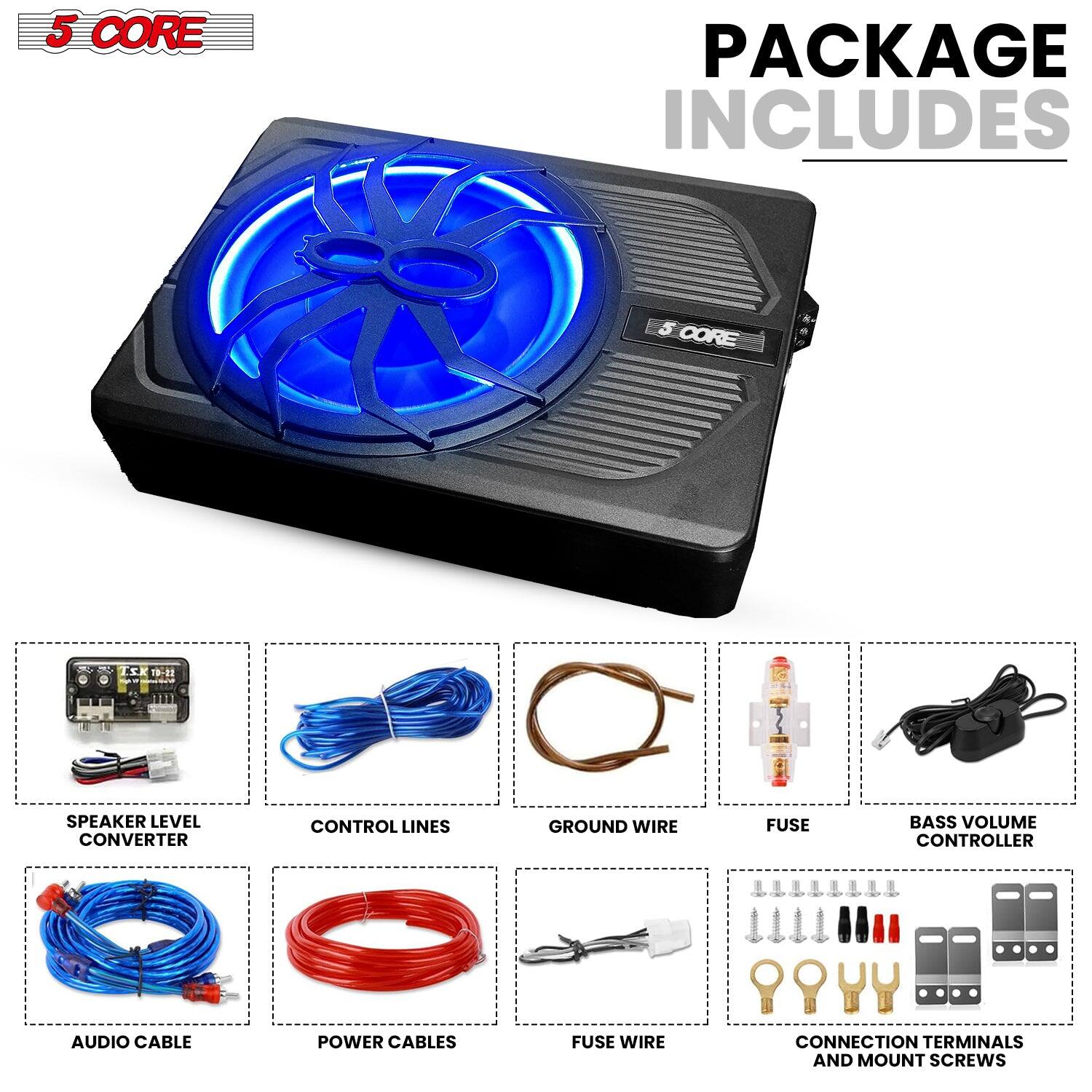 5 CORE PACKAGE INCLUDES:

- SPEAKER LEVEL CONVERTER
- CONTROL LINES
- GROUND WIRE
- FUSE
- BASS VOLUME CONTROLLER
- AUDIO CABLE
- POWER CABLES
- FUSE WIRE
- CONNECTION TERMINALS AND MOUNT SCREWS