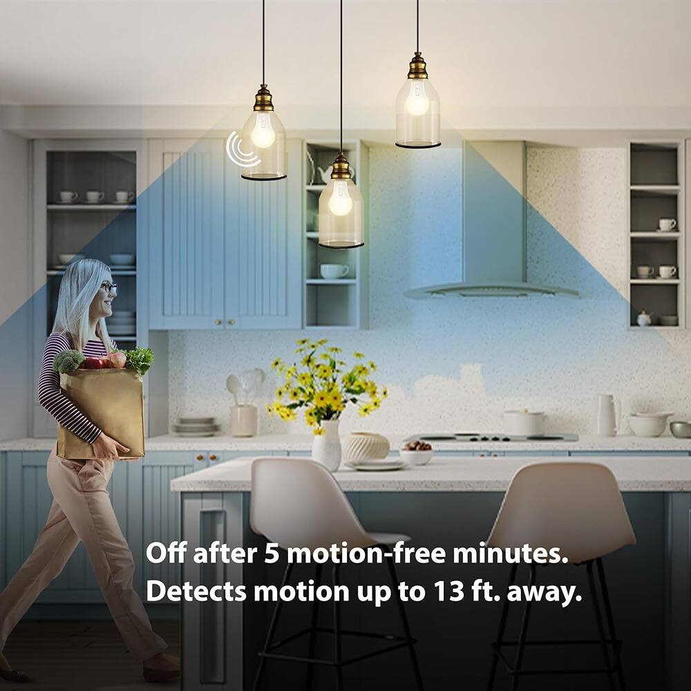Off after 5 motion-free minutes.  
Detects motion up to 13 ft. away.