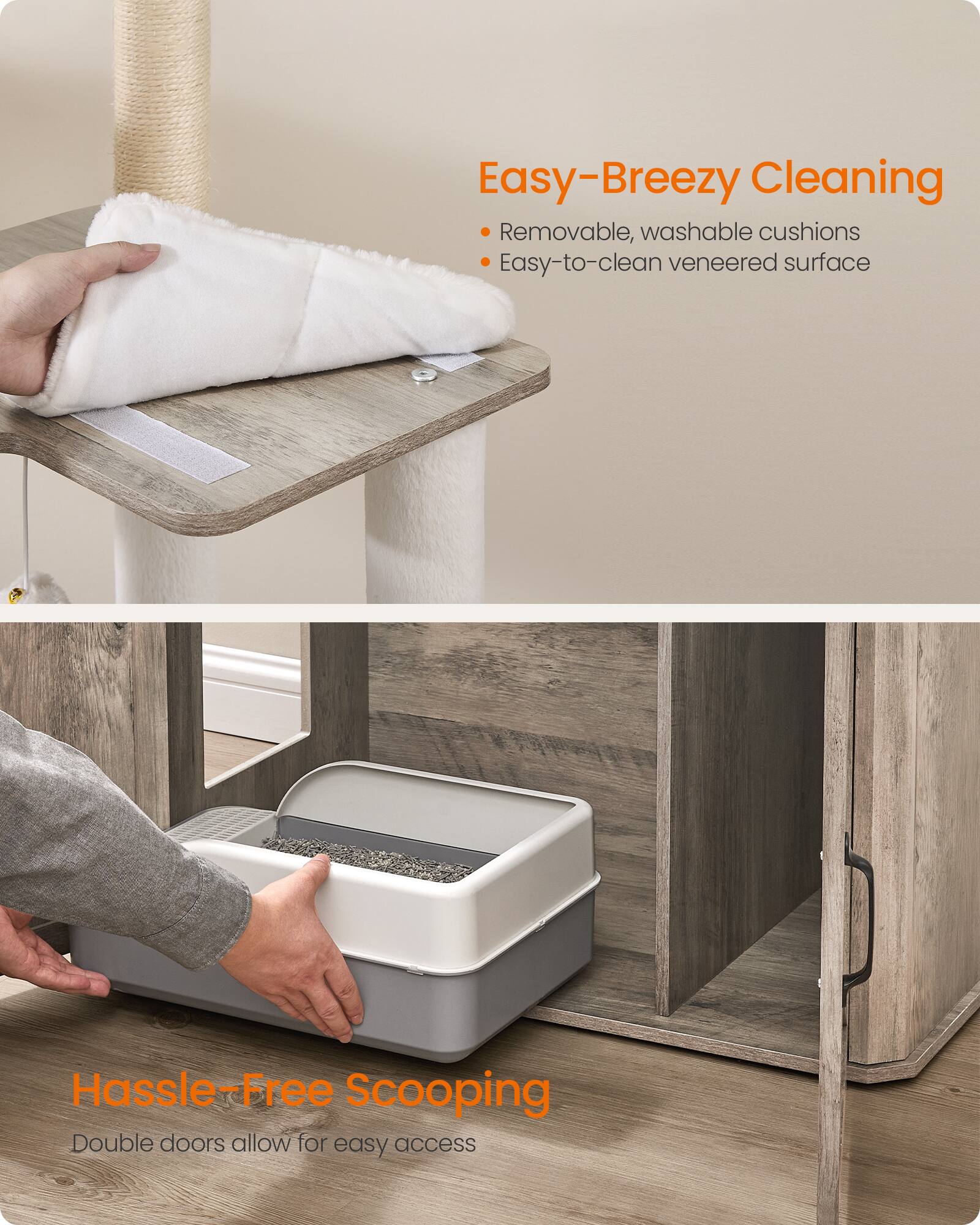 Easy-Breezy Cleaning  
- Removable, washable cushions  
- Easy-to-clean veneered surface  

Hassle-Free Scooping  
- Double doors allow for easy access