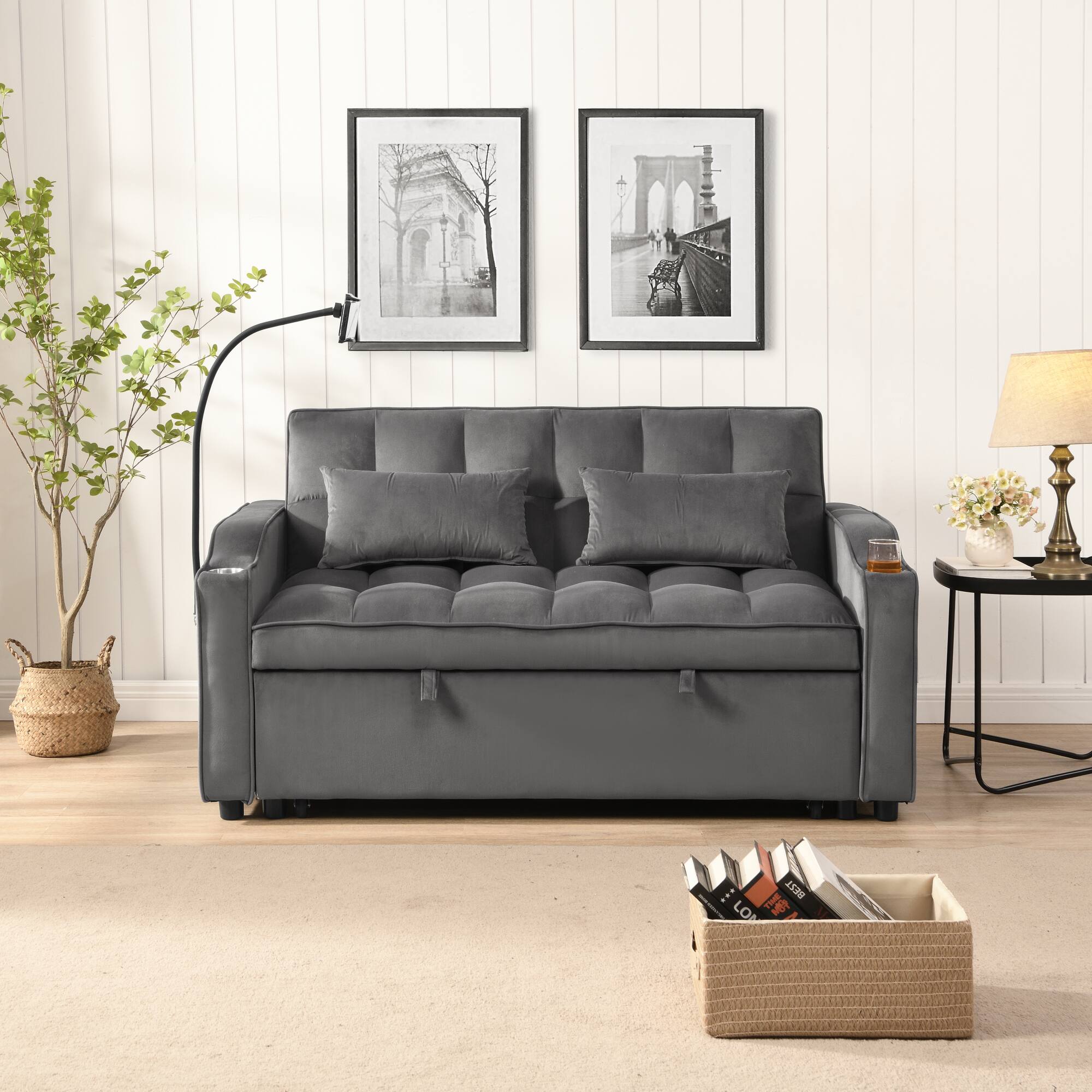 Left. GOODSILO - Convertible Velvet Sofa Bed with Adjustable Backrest, USB Ports, and Storage Pockets for Compact Living Spaces - Dark Grey.