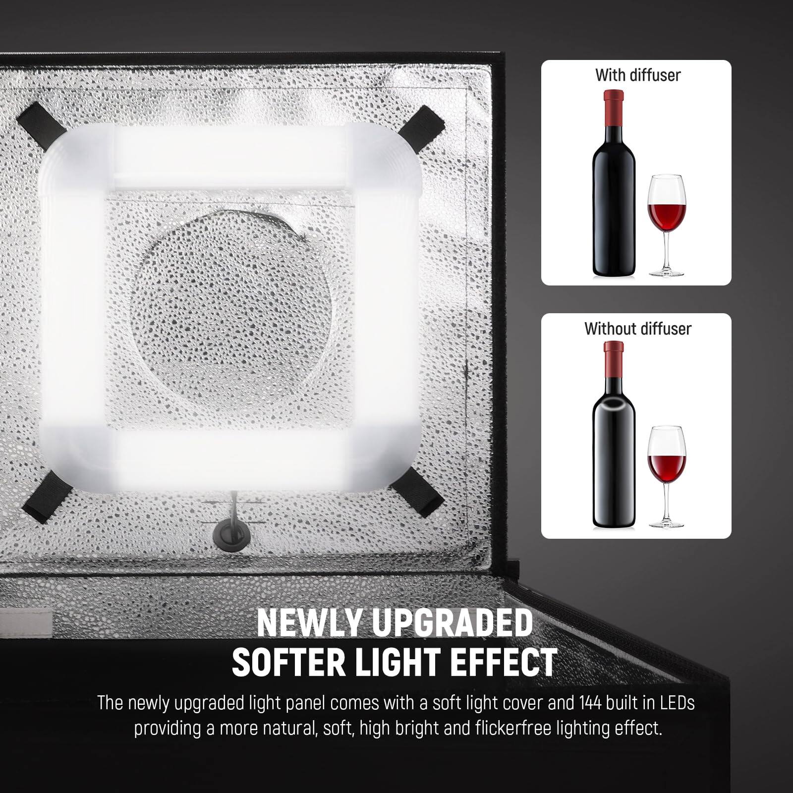 With diffuser  
Without diffuser  

NEWLY UPGRADED SOFTER LIGHT EFFECT  

The newly upgraded light panel comes with a soft light cover and 144 built-in LEDs, providing a more natural, soft, high bright, and flicker-free lighting effect.