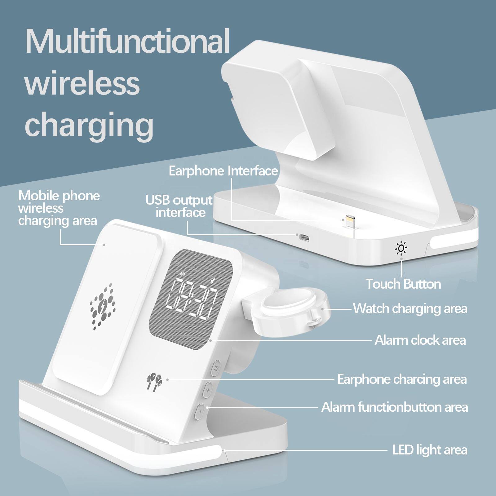 Multifunctional wireless charging

- Mobile phone wireless charging area
- Earphone Interface
- USB output interface
- Touch Button
- Watch charging area
- Alarm clock area
- Earphone charging area
- Alarm function button area
- LED light area