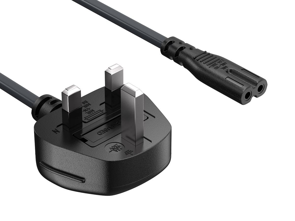 Cable Leader - 18 AWG Figure 8 Power Cord, Right-Angle UK BS 1363 Fused Plug to IEC C7 for Power Supplies, Audio Equipment - Black