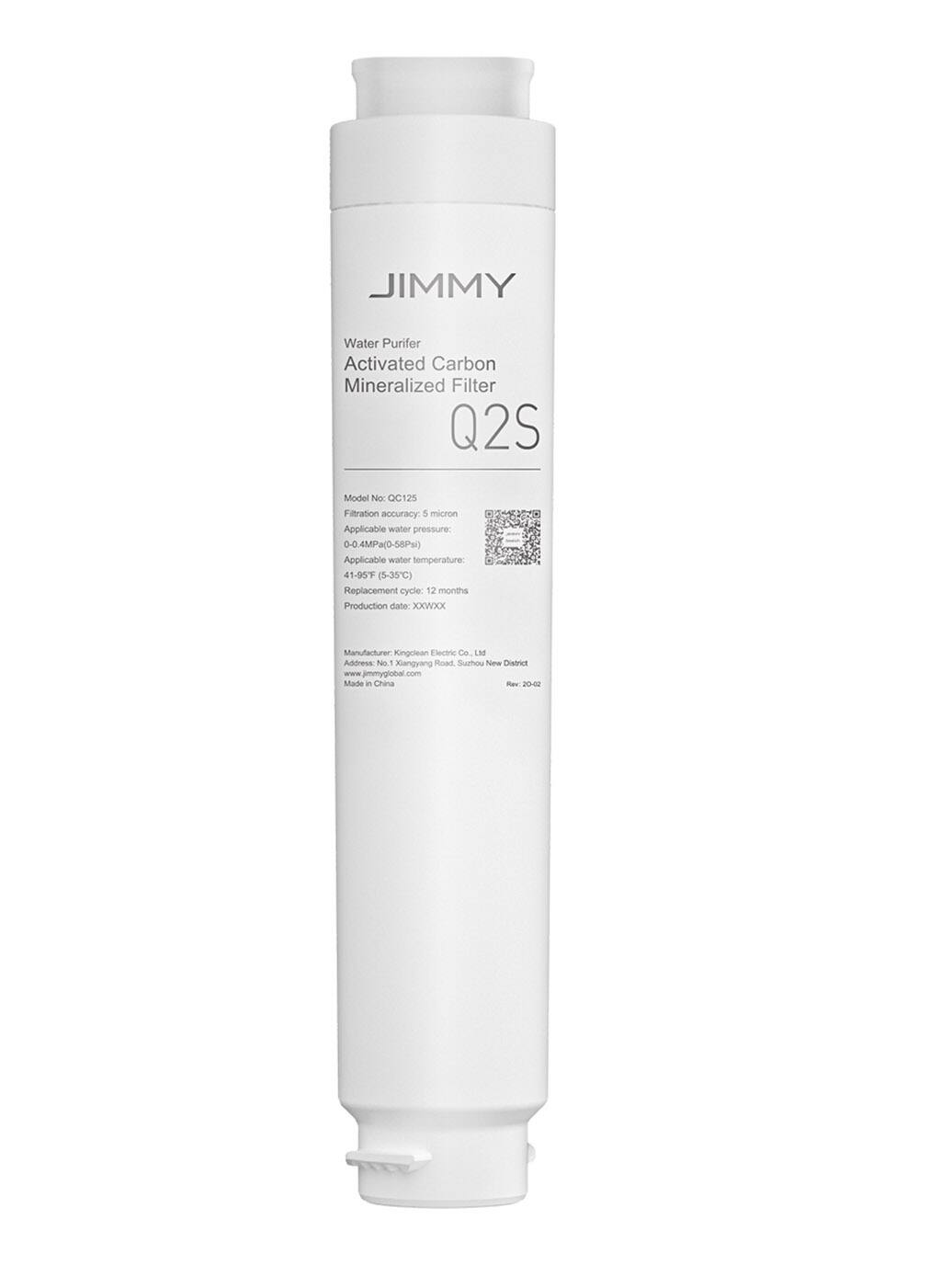 JIMMY  
Water Purifier  
Activated Carbon Mineralized Filter  
Q2S  

Model No: QC125  
Filtration accuracy: 5 micron  
Applicable water pressure: 0-4MPa (0-56PSI)  
Applicable water temperature: 41-95°F (5-35°C)  
Replacement cycle: 12 months  
Production date: XX/WX  

Manufacturer: Kingclean Electric Co., Ltd  
Address: No.1 Xiangyang Road, Suzhou New District  
www.jimmyglobal.com  
Made in China  

Rev. 20-02