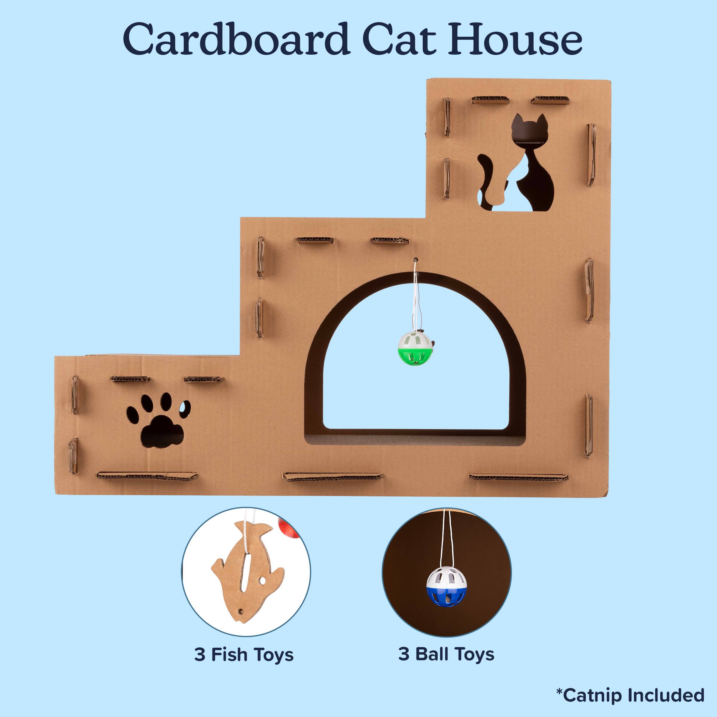 Cardboard Cat House

3 Fish Toys

3 Ball Toys

*Catnip Included