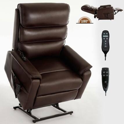 Front. Kadyn - Dual Motor Power Lift Recliner, Near 180° Recline, Massage & Heat, 350lb Capacity, Brown - Brown.
