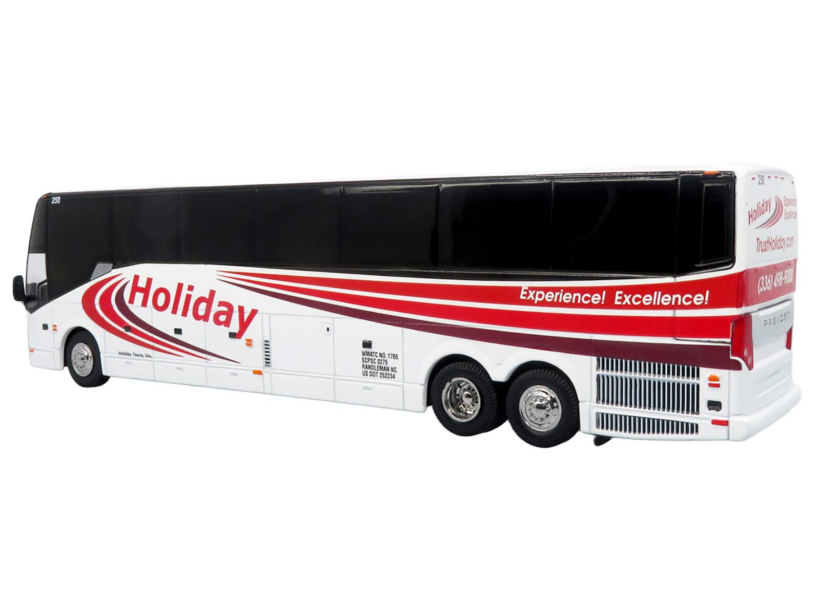 250 Holiday  
WMATC NO 1785  
SCPCS 0275  
RANDLEMAN NC  
DOT 252234  

Holiday  
Experience! Excellence!  
TrustHoliday.com  
(833) 400-2000  

Holiday Tours, Inc.  
PREVOST