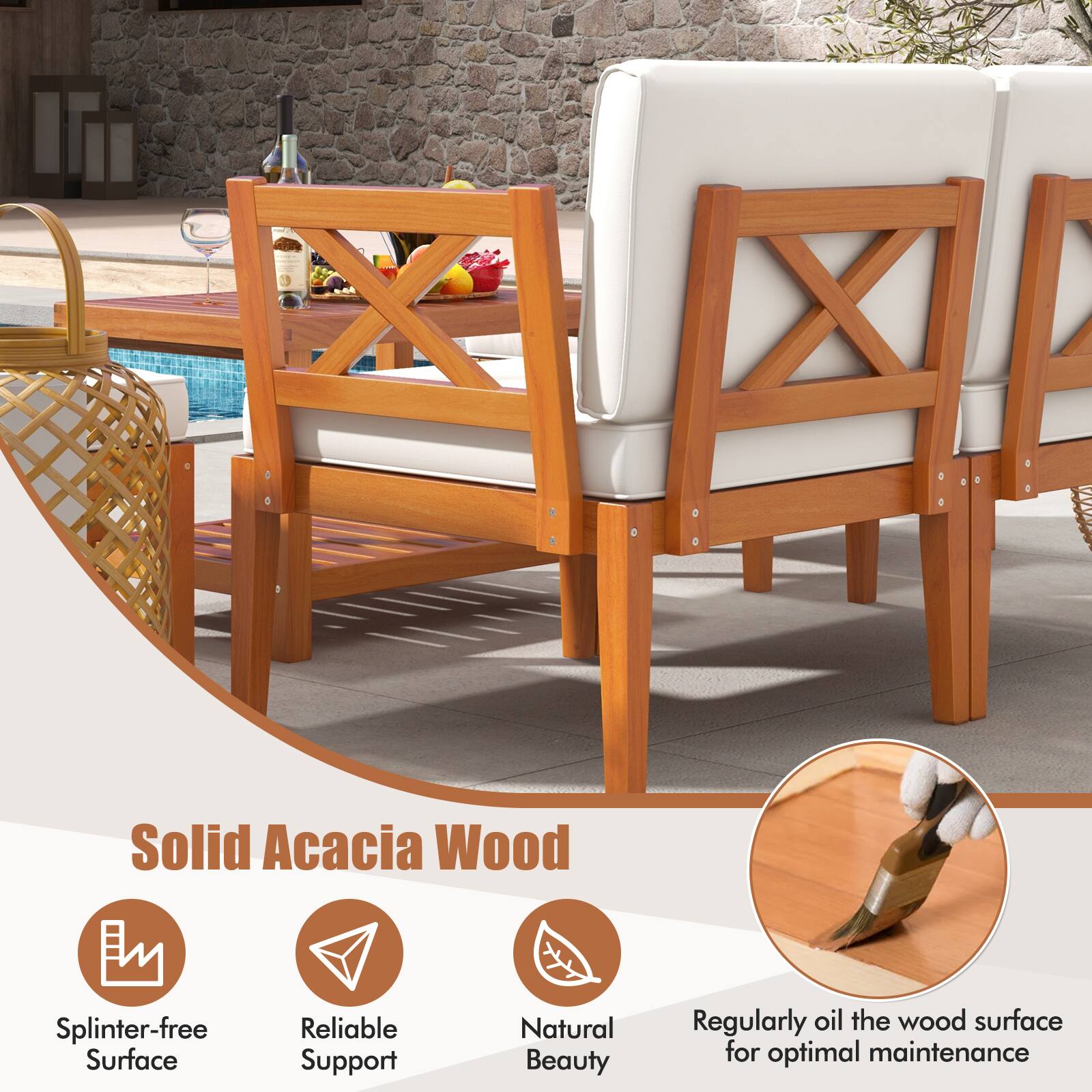 Solid Acacia Wood, Splinter-free Surface, Reliable Support, Natural Beauty, Regularly oil the wood surface for optimal maintenance
