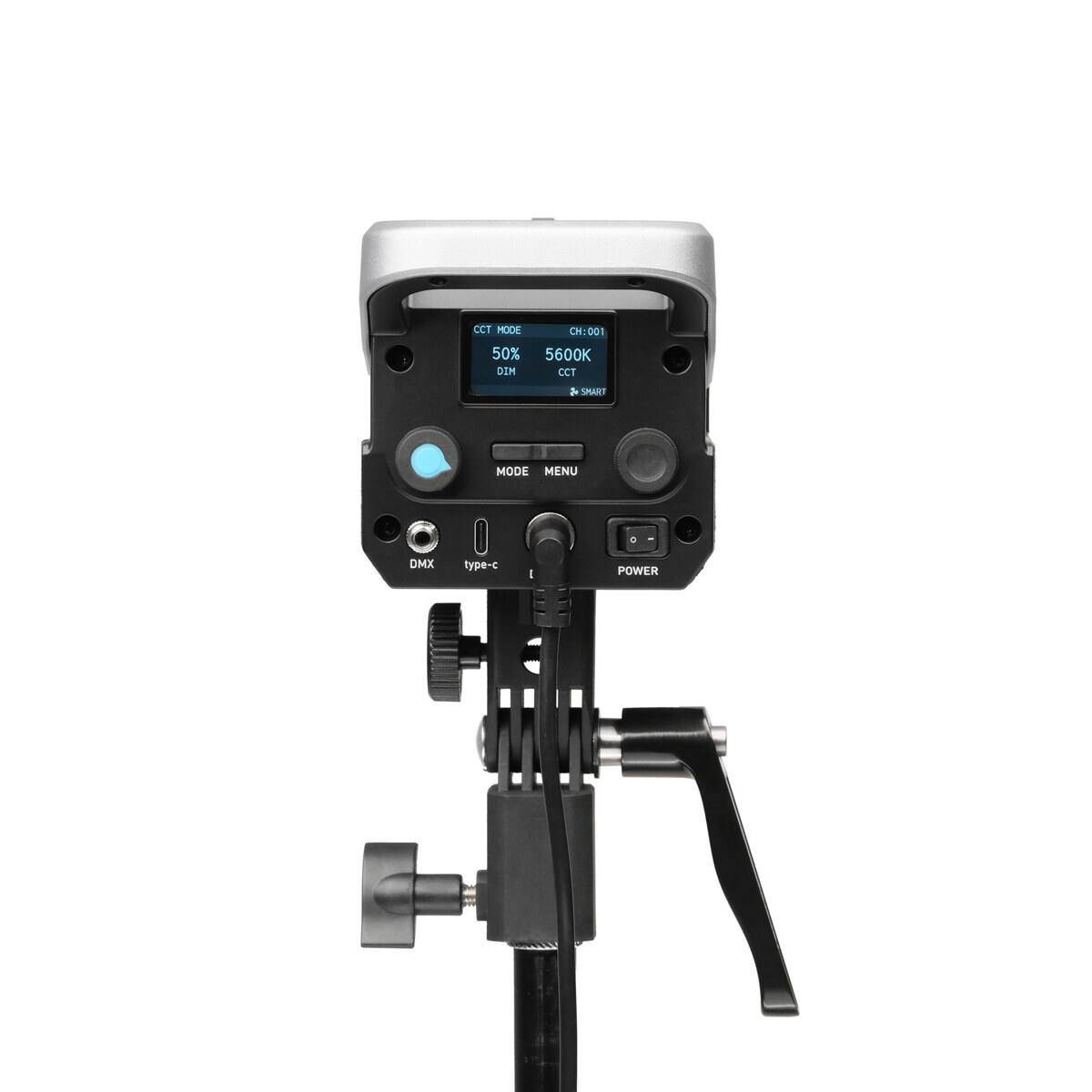 CCT MODE  
50%  
DIM  
CH:001  
5600K  
CCT  
SMART  
MODE  
MENU  
DMX  
type-c  
POWER
