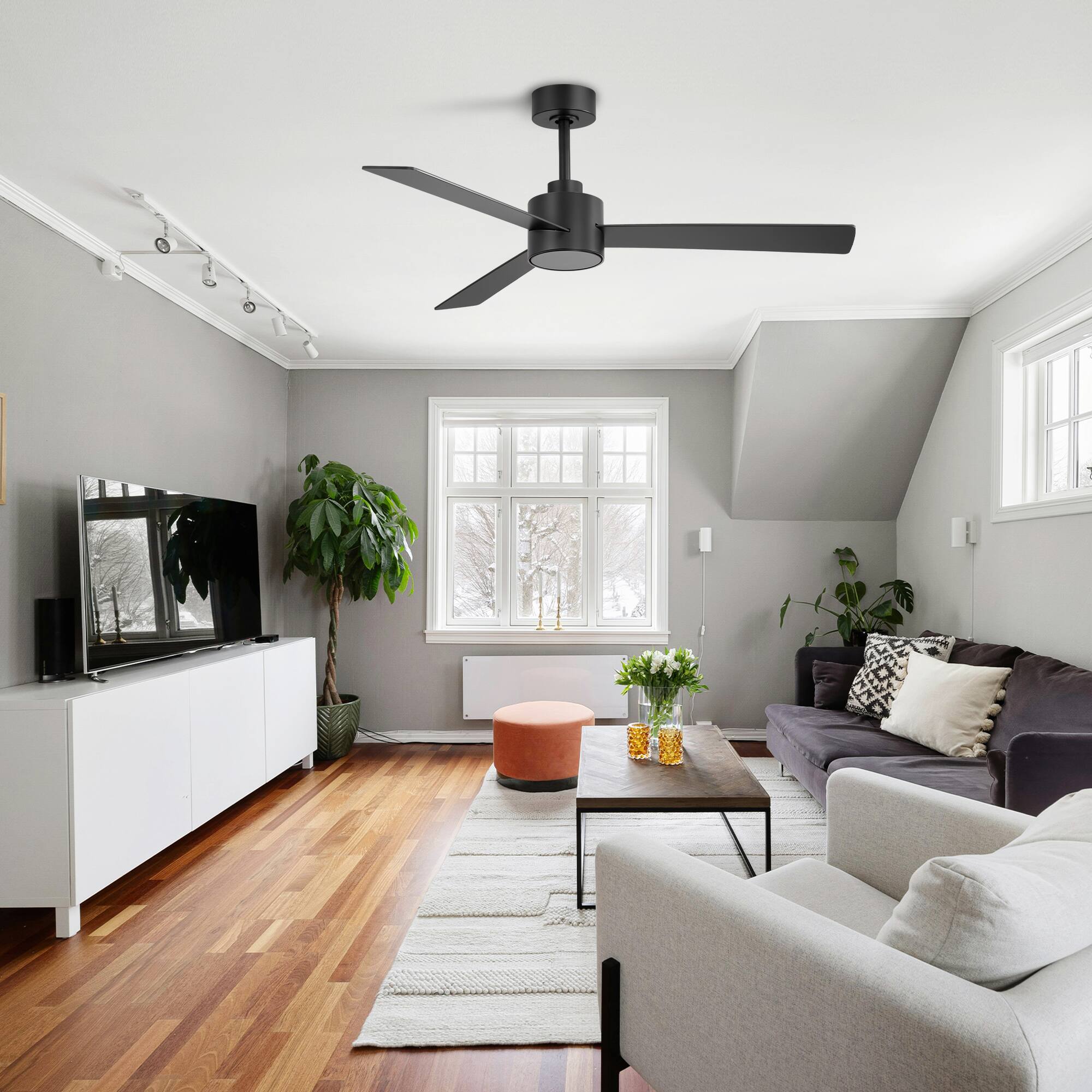 Alt View 1. Breezary - 52" Indoor Ceiling Fan, 3 Plywood Blades, 6-Speed DC Motor, Remote & Timer, 5" & 10" Downrods, LED Light/No Light Option - Matte Black (Without Light).