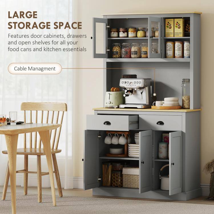 LARGE STORAGE SPACE  
Features door cabinets, drawers and open shelves for all your food cans and kitchen essentials  

Cable Management
