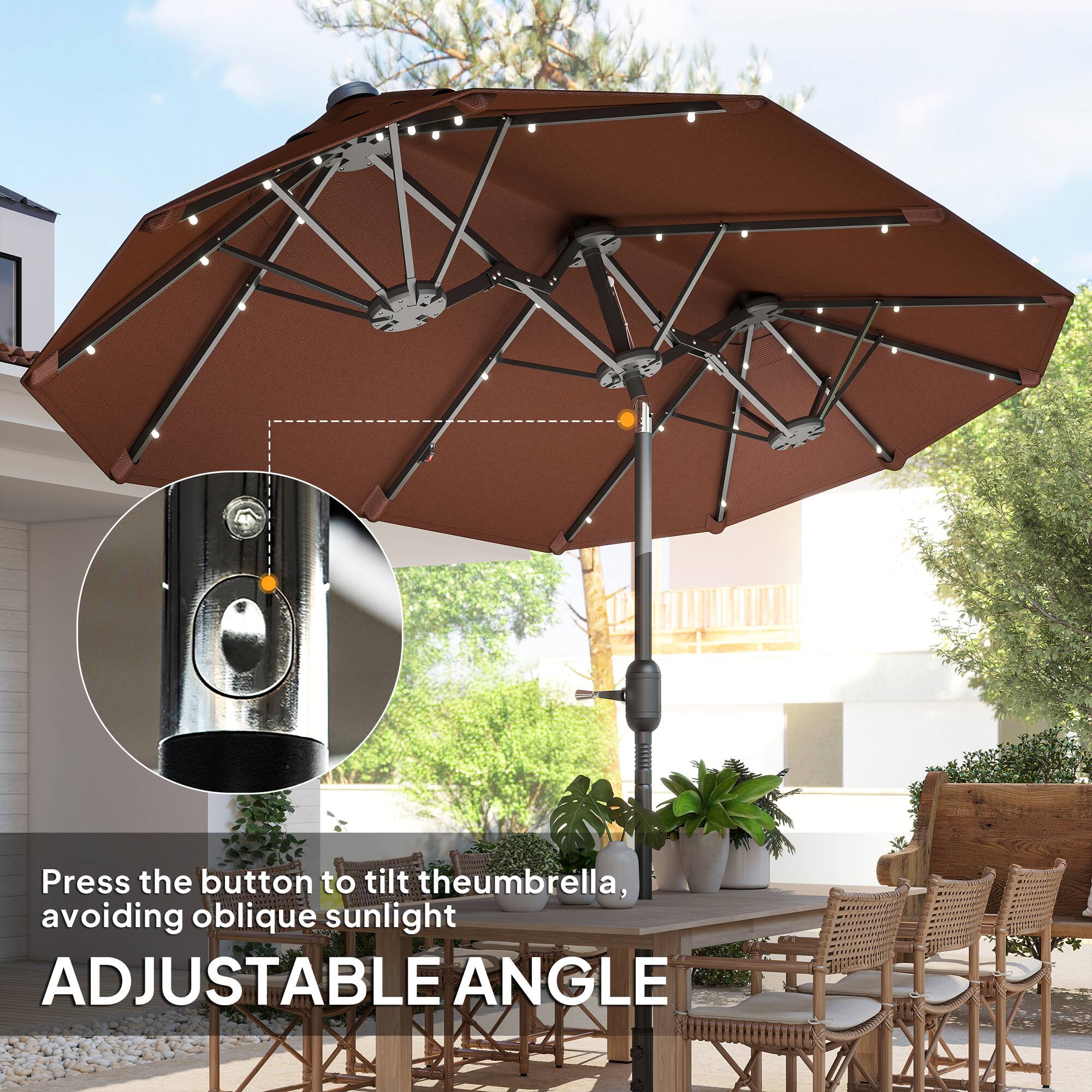 Press the button to tilt the umbrella, avoiding oblique sunlight  
ADJUSTABLE ANGLE