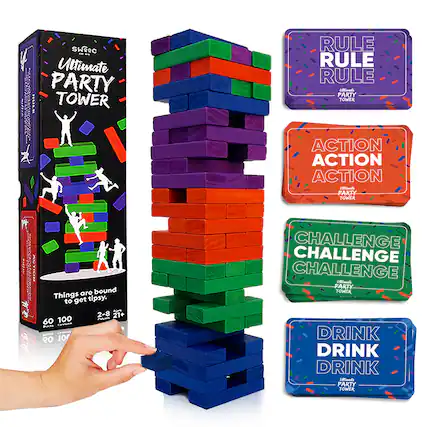 Sure, here is the corrected and grouped text from the image:
---
**Ultimate Party Tower**
- Things are bound to get tipsy.
- 2-8 players
- 21+ years
- 60-100 pieces
**Cards:**
- RULE RULE RULE
- ACTION ACTION ACTION
- CHALLENGE CHALLENGE CHALLENGE
- DRINK DRINK DRINK
---