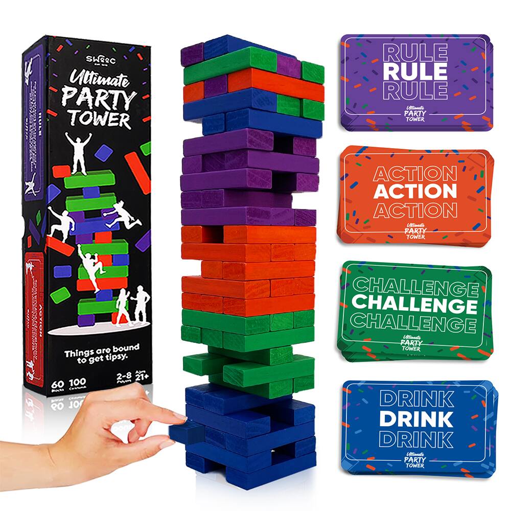 Sure, here is the corrected and grouped text from the image:

---

**Ultimate Party Tower**

- Things are bound to get tipsy.
- 2-8 players
- 21+ years
- 60-100 pieces

**Cards:**

- RULE RULE RULE
- ACTION ACTION ACTION
- CHALLENGE CHALLENGE CHALLENGE
- DRINK DRINK DRINK

---