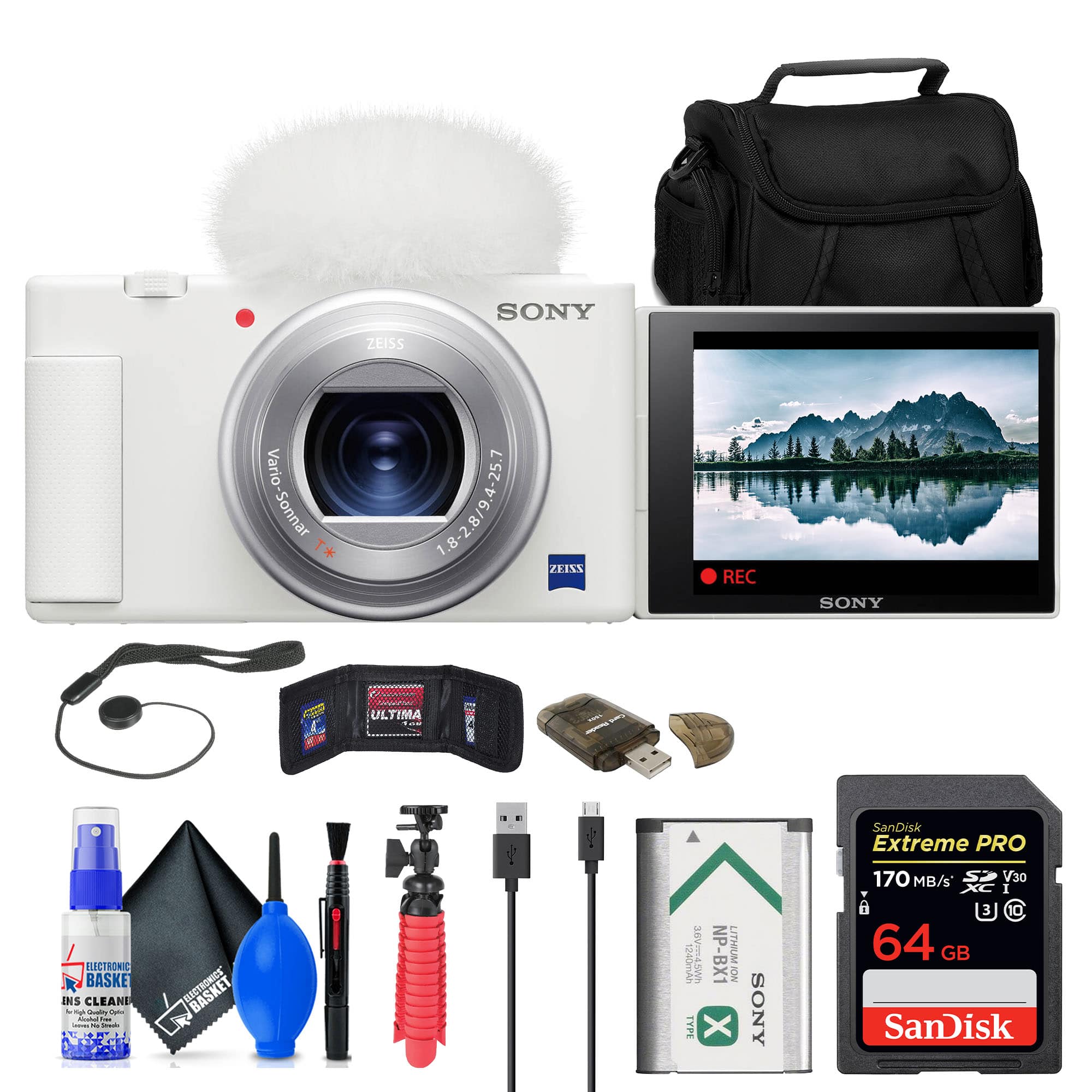 Sony - ZV-1 Digital Camera Bundle + 64GB Memory Card + Case + Tripod + Wallet + Cleaning Kit + Accessories - White