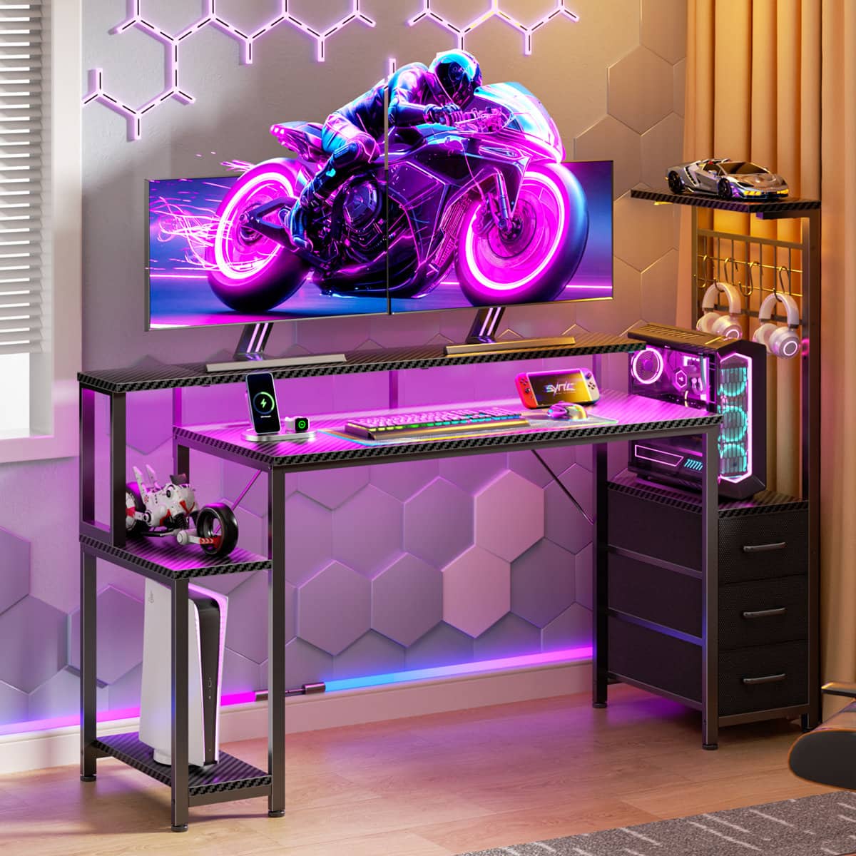 Front. Furnulem - 48 Inch Gaming Desk with Power Outlets Fabric Drawers CPU Stand LED Lights  Hooks for Home Office - Black.