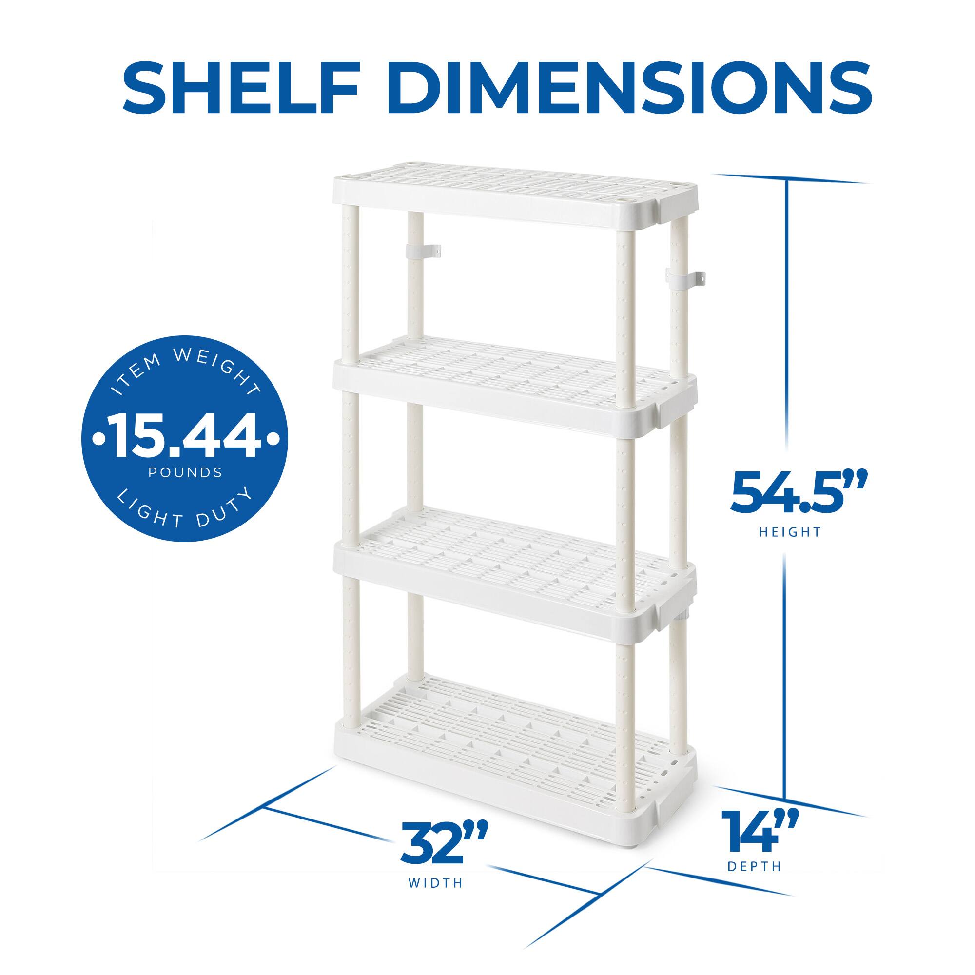 SHELF DIMENSIONS  
ITEM WEIGHT: 15.44 POUNDS  
LIGHT DUTY  
HEIGHT: 54.5"  
WIDTH: 32"  
DEPTH: 14"