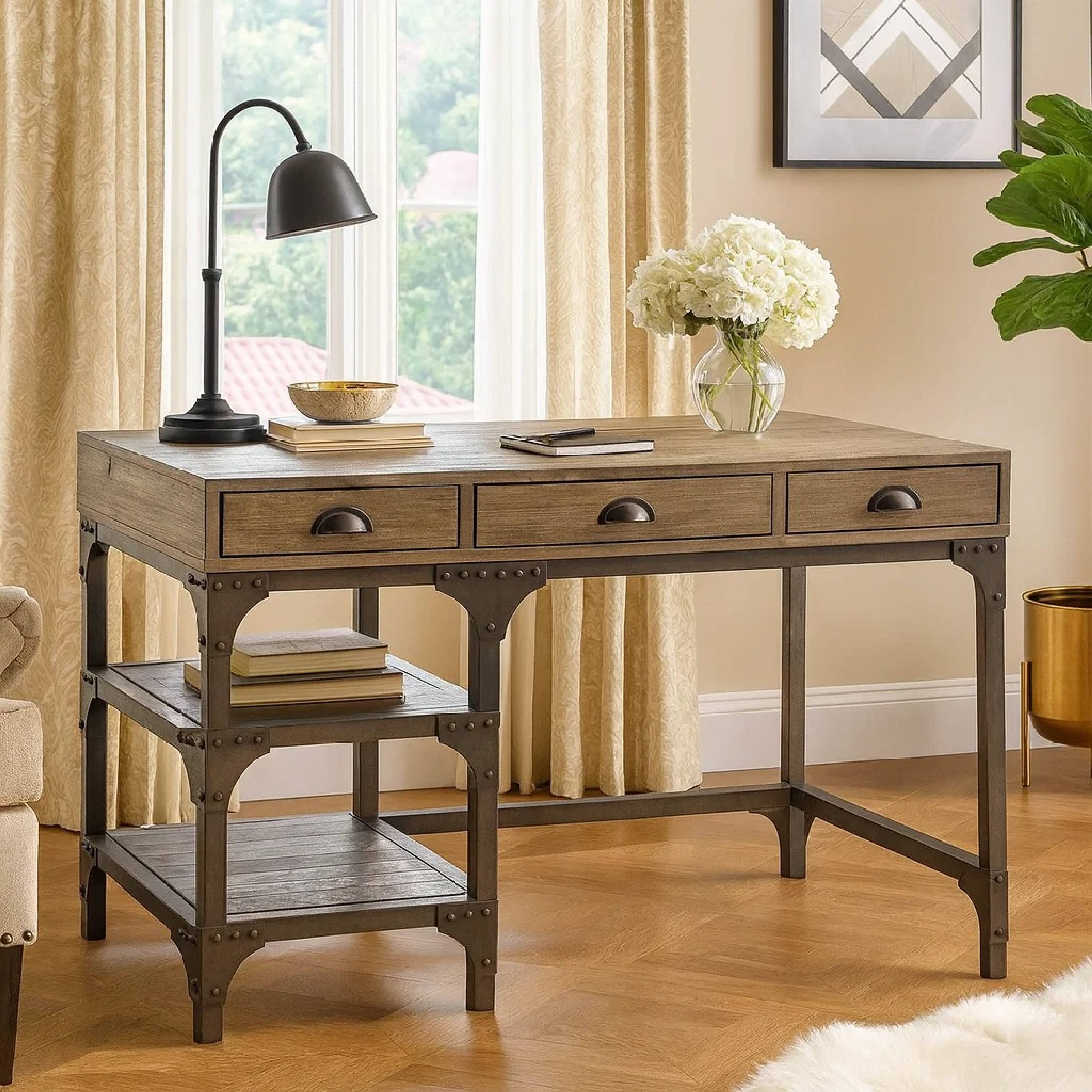 Alt View 3. Manhattan Lane - Wood And Metal Desk With Three Drawers And Two Side Shelves, Oak Brown And Gray - Brown And Gray.