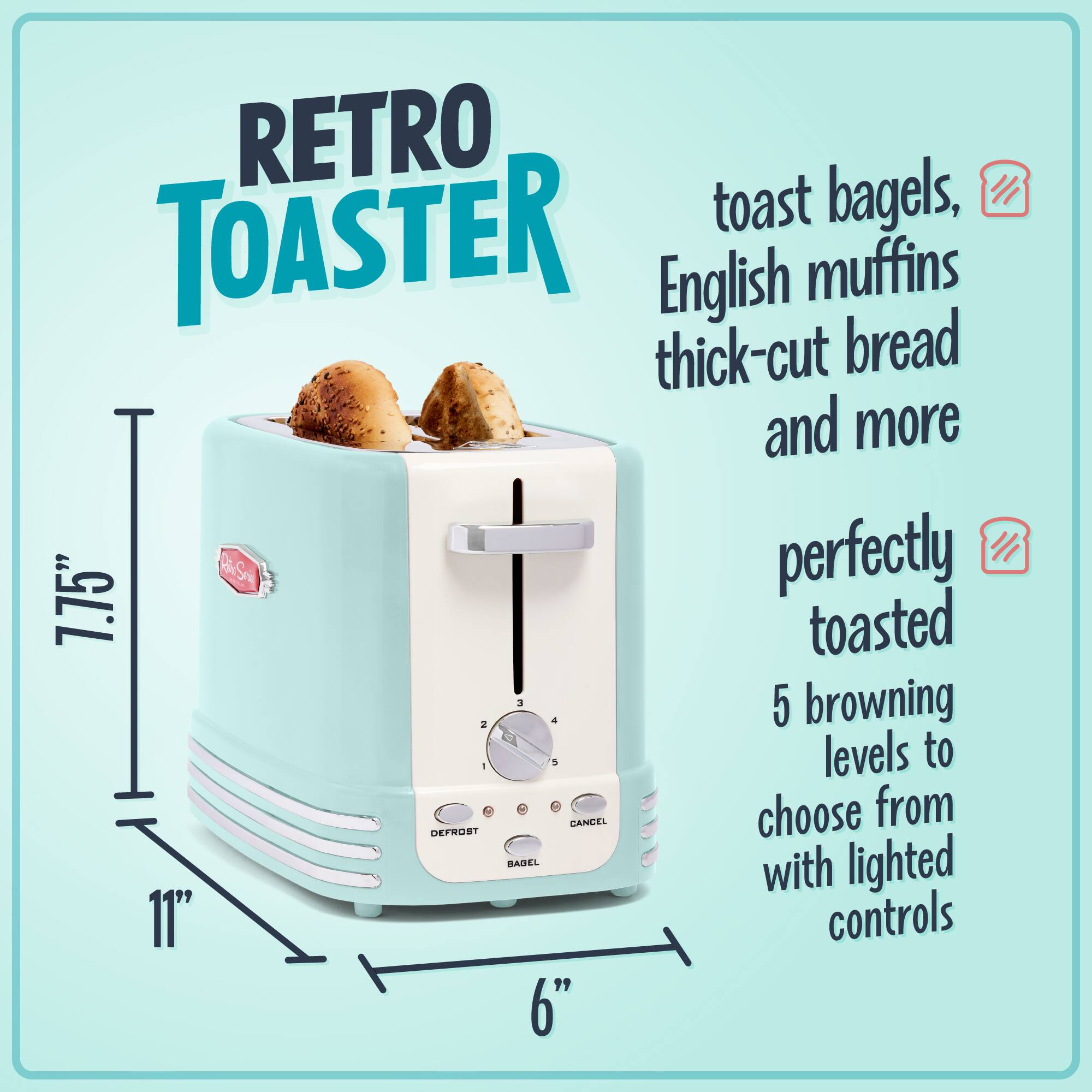 RETRO TOASTER

toast bagels, English muffins, thick-cut bread and more

perfectly toasted

5 browning levels to choose from with lighted controls

11" x 7.75" x 6"
