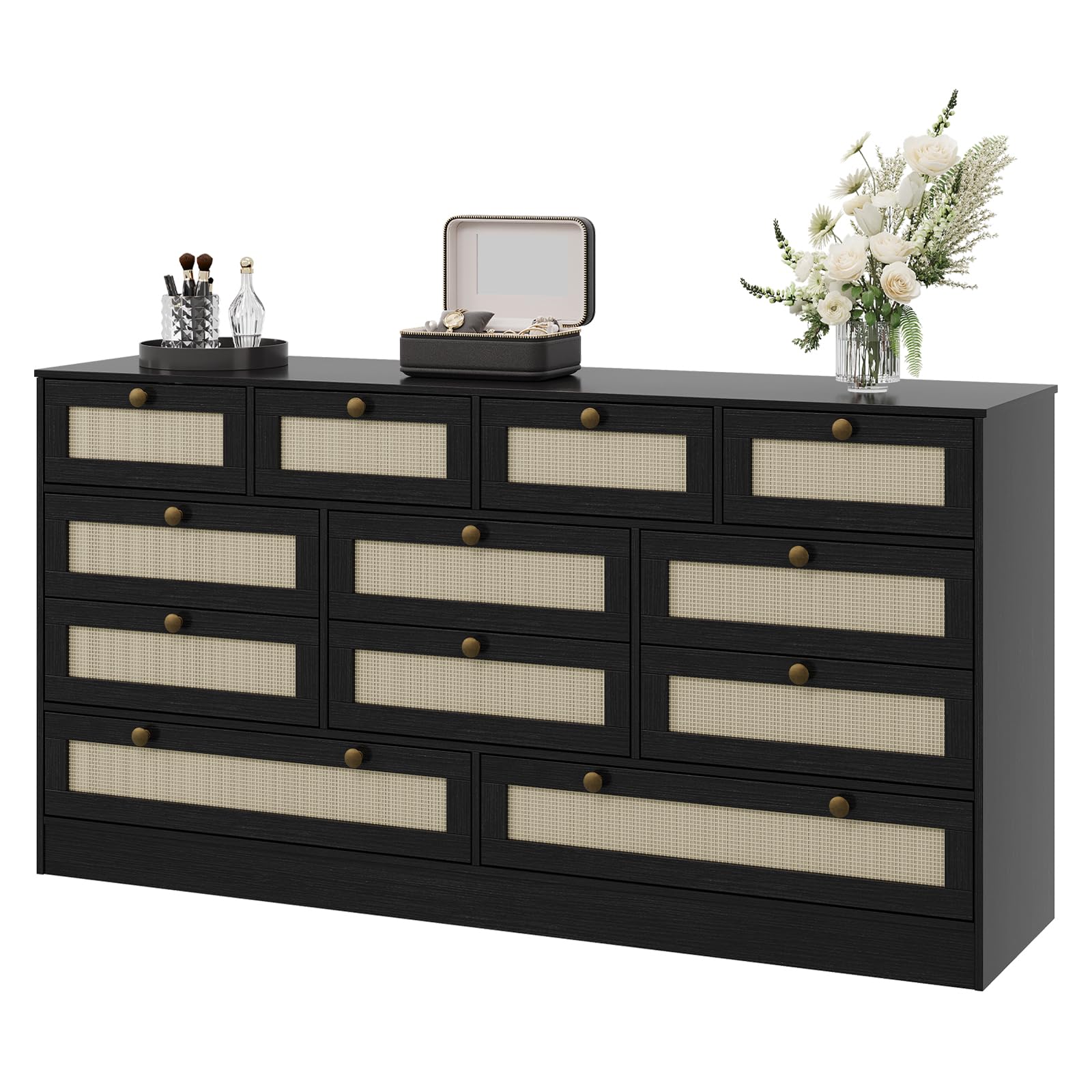 Front. GARVEE - Modern 12 Drawer Wood Dresser, 61" Wide Chest, TV Stand for 65" TV, Bedroom Living Room Closet Hallway Organizer - Black.