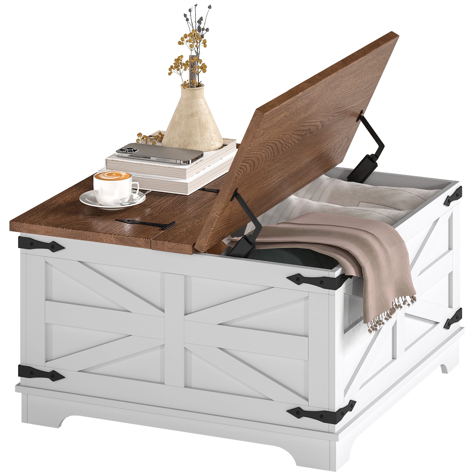 Homcom - Farmhouse Coffee Table with Storage, Center Table with Hinged Lift Top and Hidden Space, Square Coffee Table - White