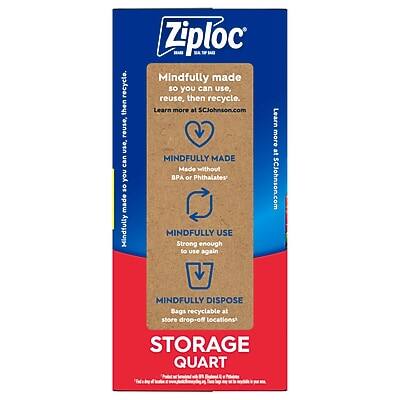 Sure, here is the corrected and grouped text from the image:

---

**Ziploc**

**Mindfully made so you can use, reuse, then recycle.**

Learn more at SCJohnson.com

**MINDFULLY MADE**
- Made without BPA or Phthalates

**MINDFULLY USE**
- Strong enough to use again

**MINDFULLY DISPOSE**
- Bags recyclable at store drop-off locations

**STORAGE QUART**

---

This text is organized to reflect the key points and instructions from the image.