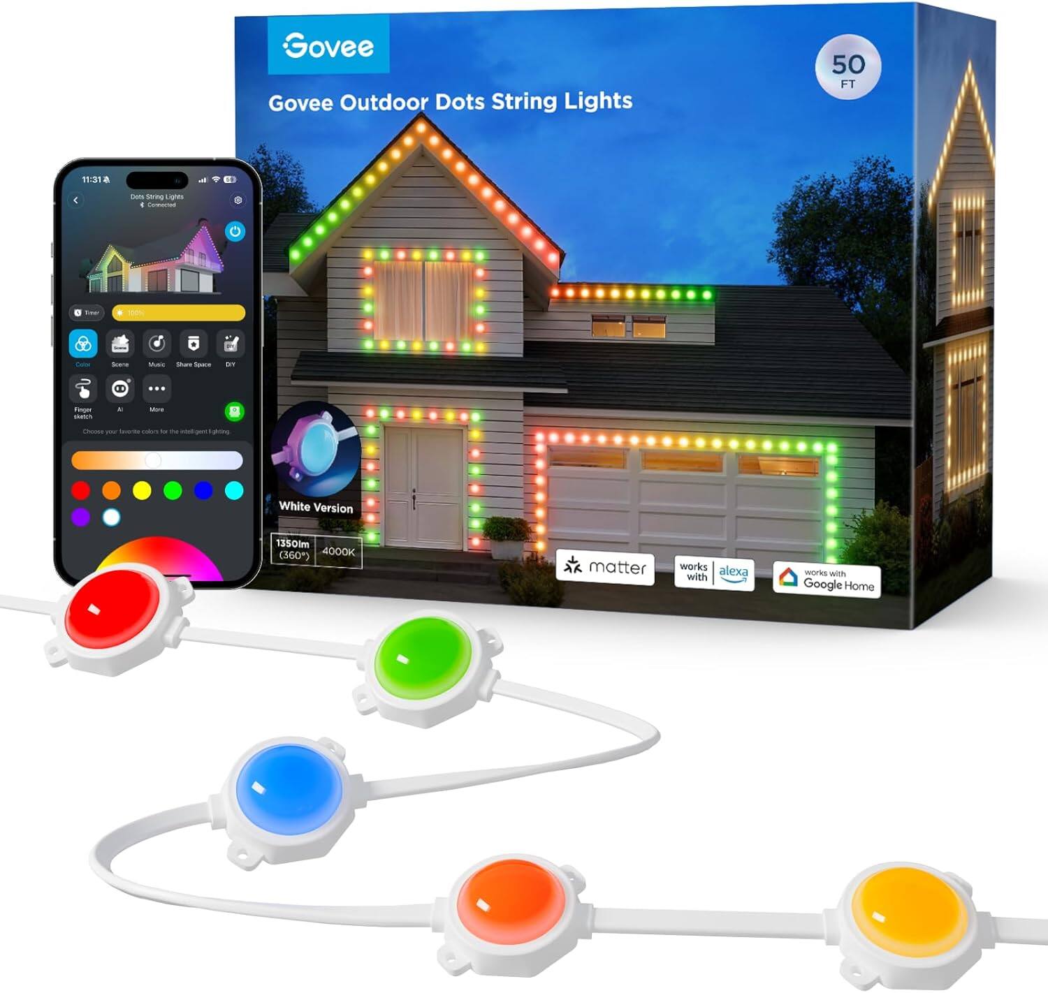Govee Outdoor Dots String Lights  
50 FT  
White Version  
1350lm (360°) 4000K  
Works with Alexa  
Works with Google Home  
Matter