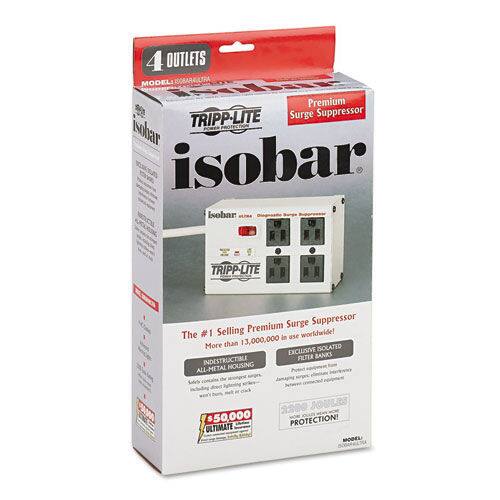 4 OUTLETS  
MODEL ISOBAR ULTRA MULSY  

Premium TRIPP-LITE Surge Suppressor  
isobar  

The #1 Selling Premium Surge Suppressor  
More than 13,000,000 in use worldwide!  

EXCLUSIVE ISOLATED FILTER BANKS  
INDESTRUCTIBLE HOUSING  
ALL-METAL  

$50,000 ULTIMATE SOULES PROTECTION!  

MODEL