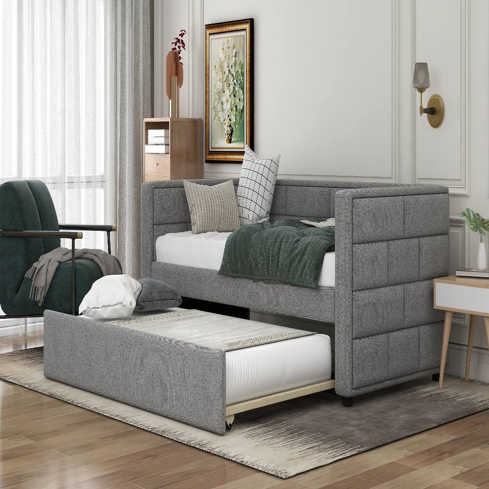Alt View 1. Loheer - Loheer Twin Daybed with Trundle, Gray Upholstered Guest Bed with Padded Back, No Box Spring Needed - Gray.