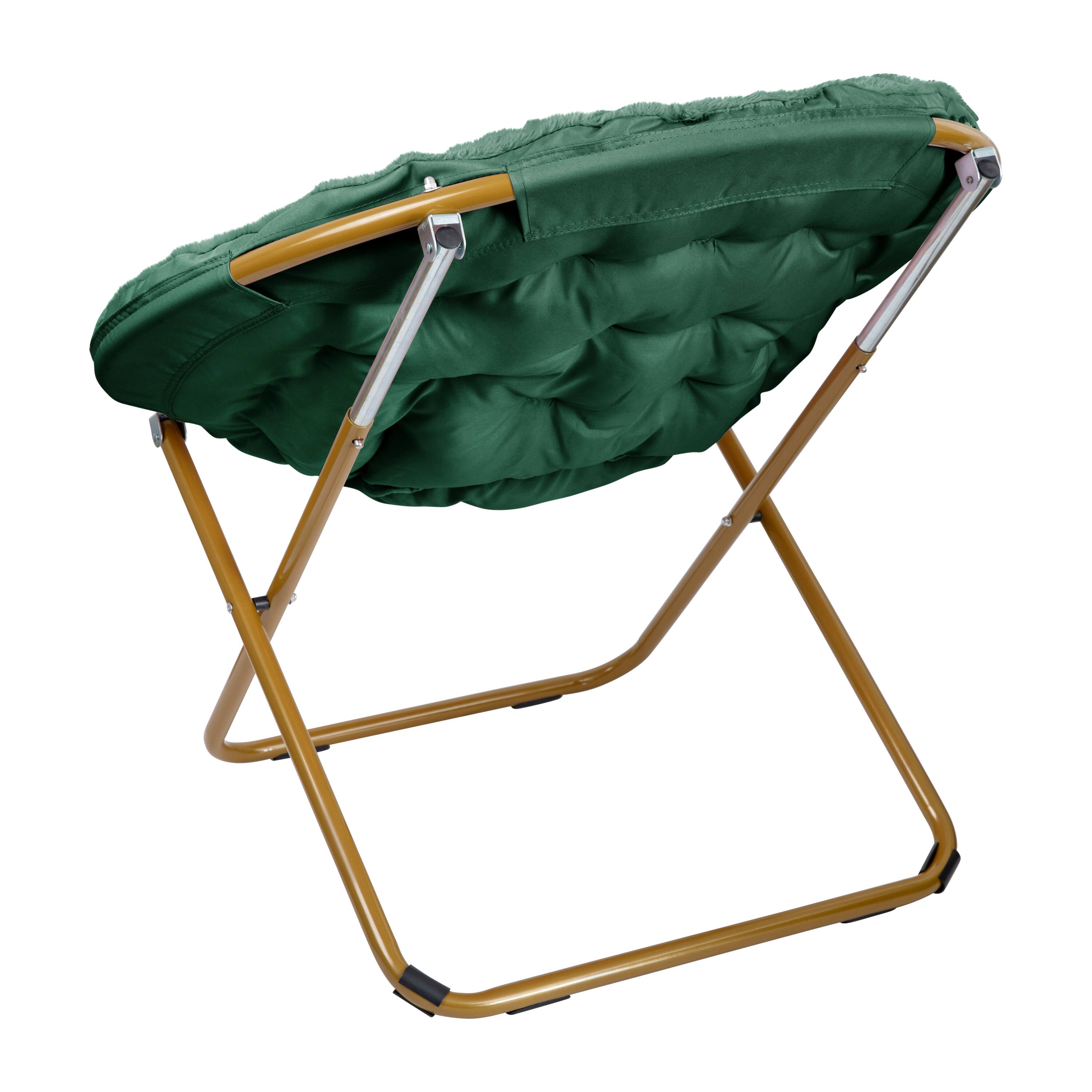 Alt View 5. Emma + Oliver - Ersa Oversize Folding Saucer Chair with Cozy Faux Fur Cushion and Metal Frame for Dorms, Bedrooms, Apartments and More - Emerald Fabric/ Soft Gold Frame.
