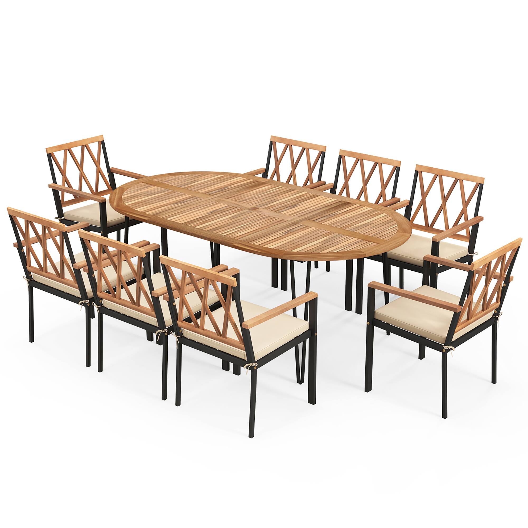 Alt View 6. Gymax - Gymax 9 PCS Patio Dining Set Table w/ Acacia Wood Top & Umbrella Hole Metal Frame - Natural, Black.